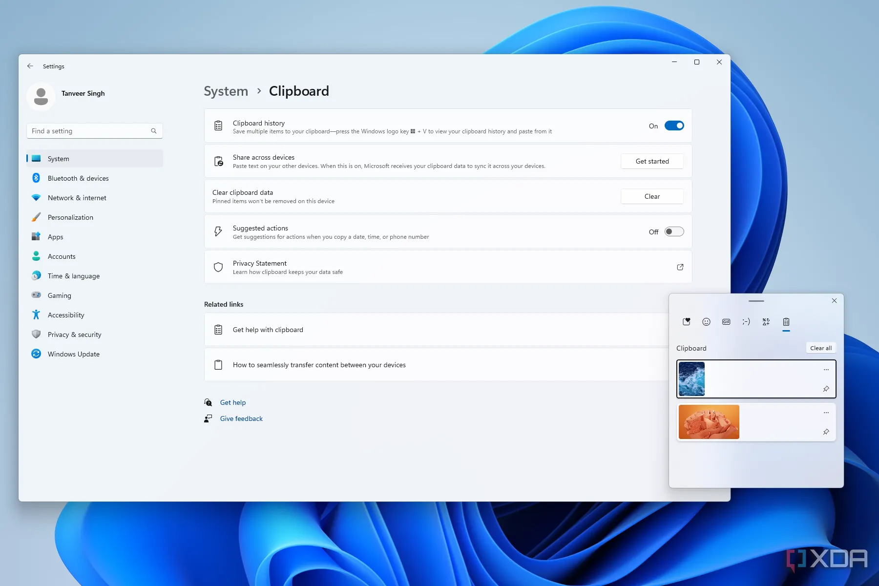 Cửa sổ cài đặt lịch sử clipboard trong Windows 11 hiển thị tùy chọn đồng bộ.