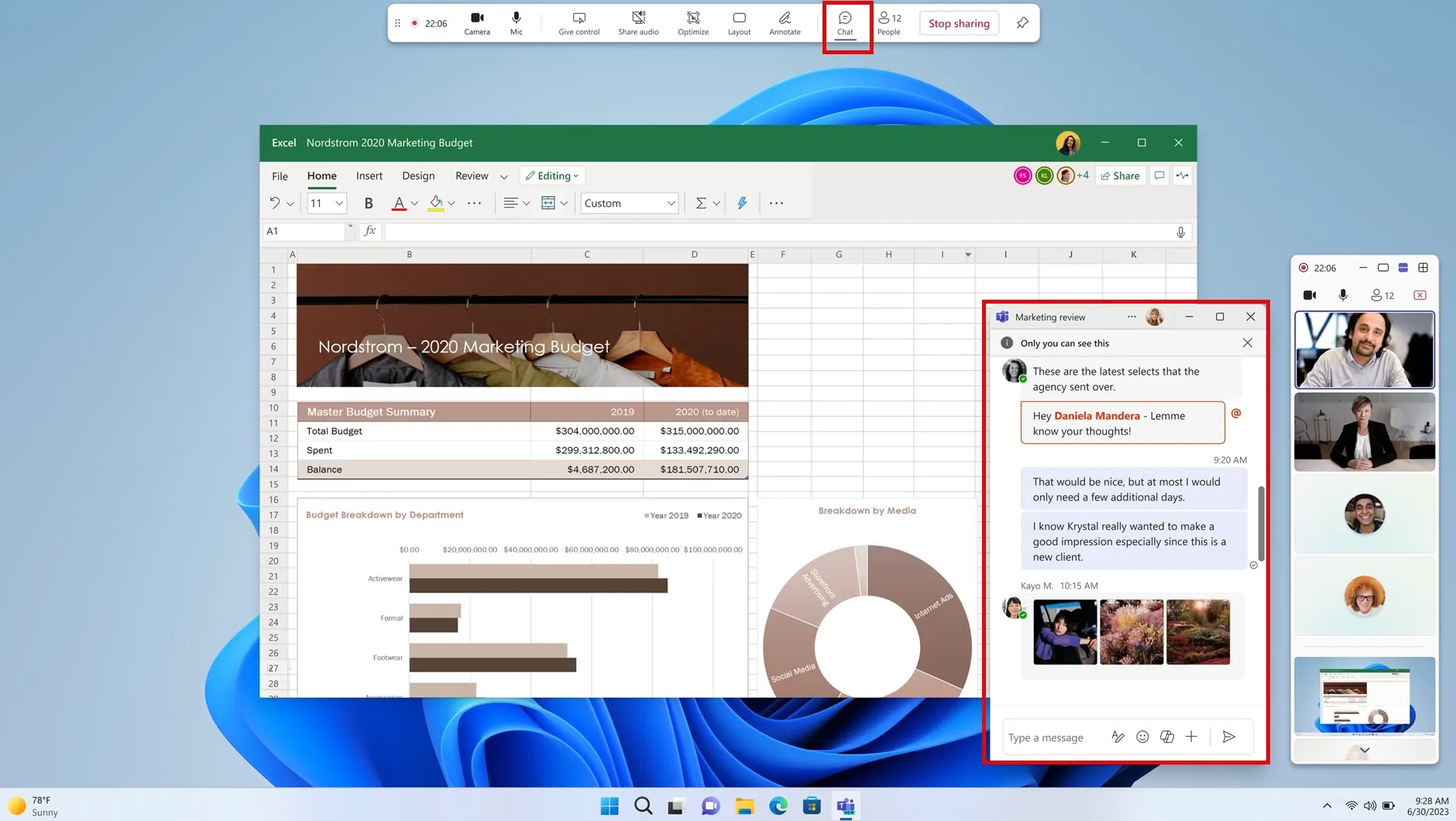 Cửa sổ chat riêng tư trong Microsoft Teams khi đang trình bày