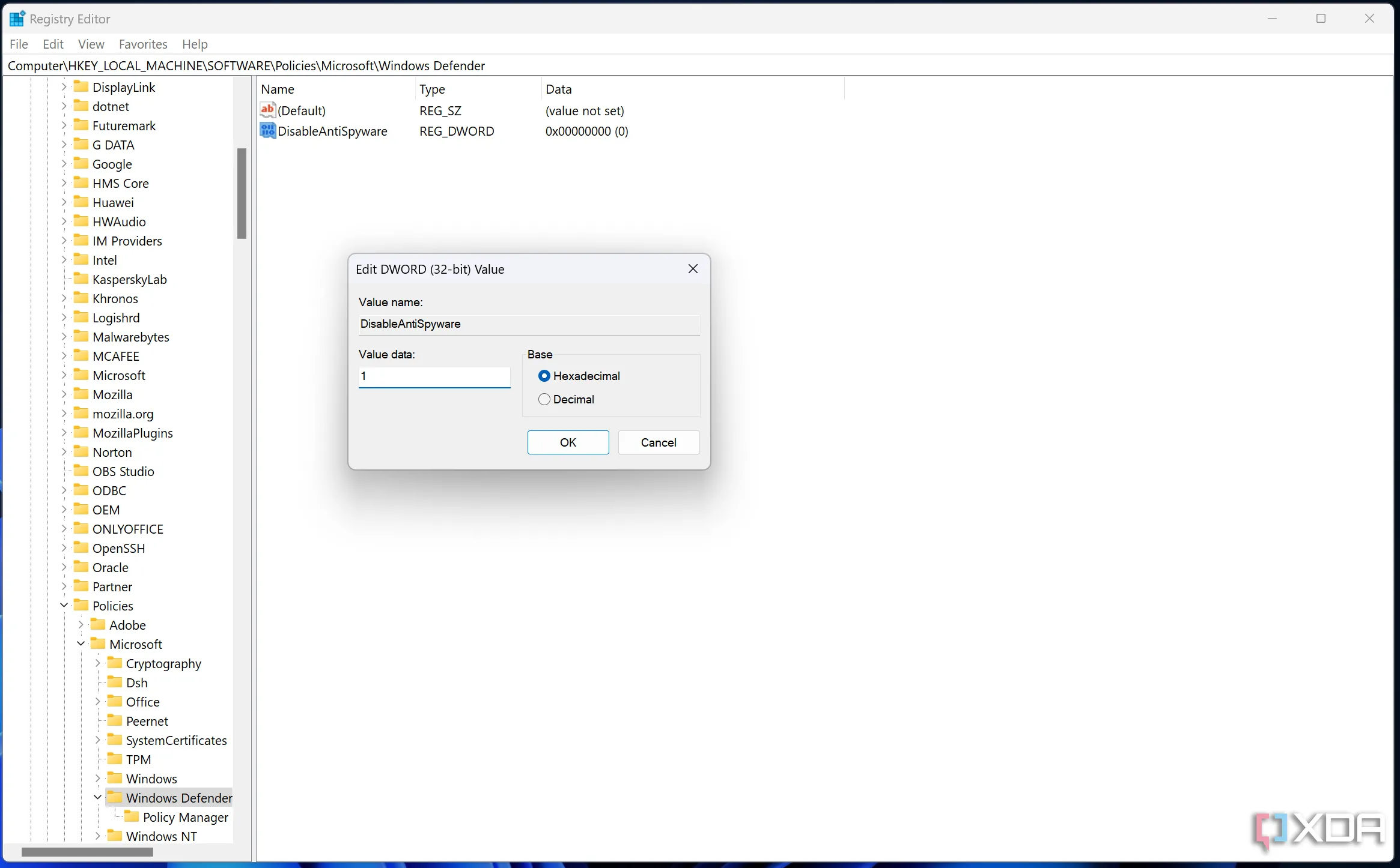 Cửa sổ chỉnh sửa giá trị &quot;DisableAntiSpyware&quot; trong Registry Editor
