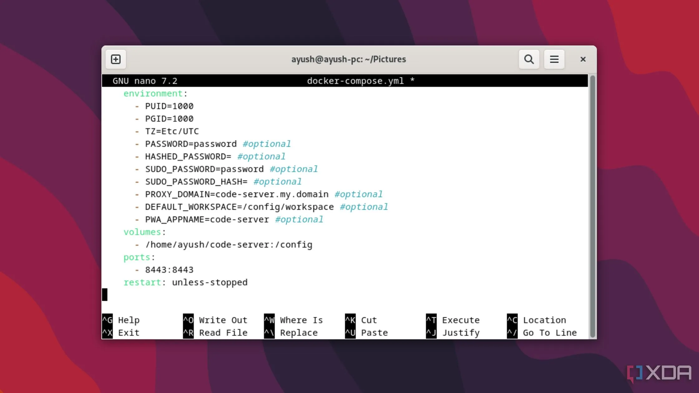 Cửa sổ terminal hiển thị quá trình tạo hoặc chỉnh sửa file docker-compose.yml để triển khai Code-Server
