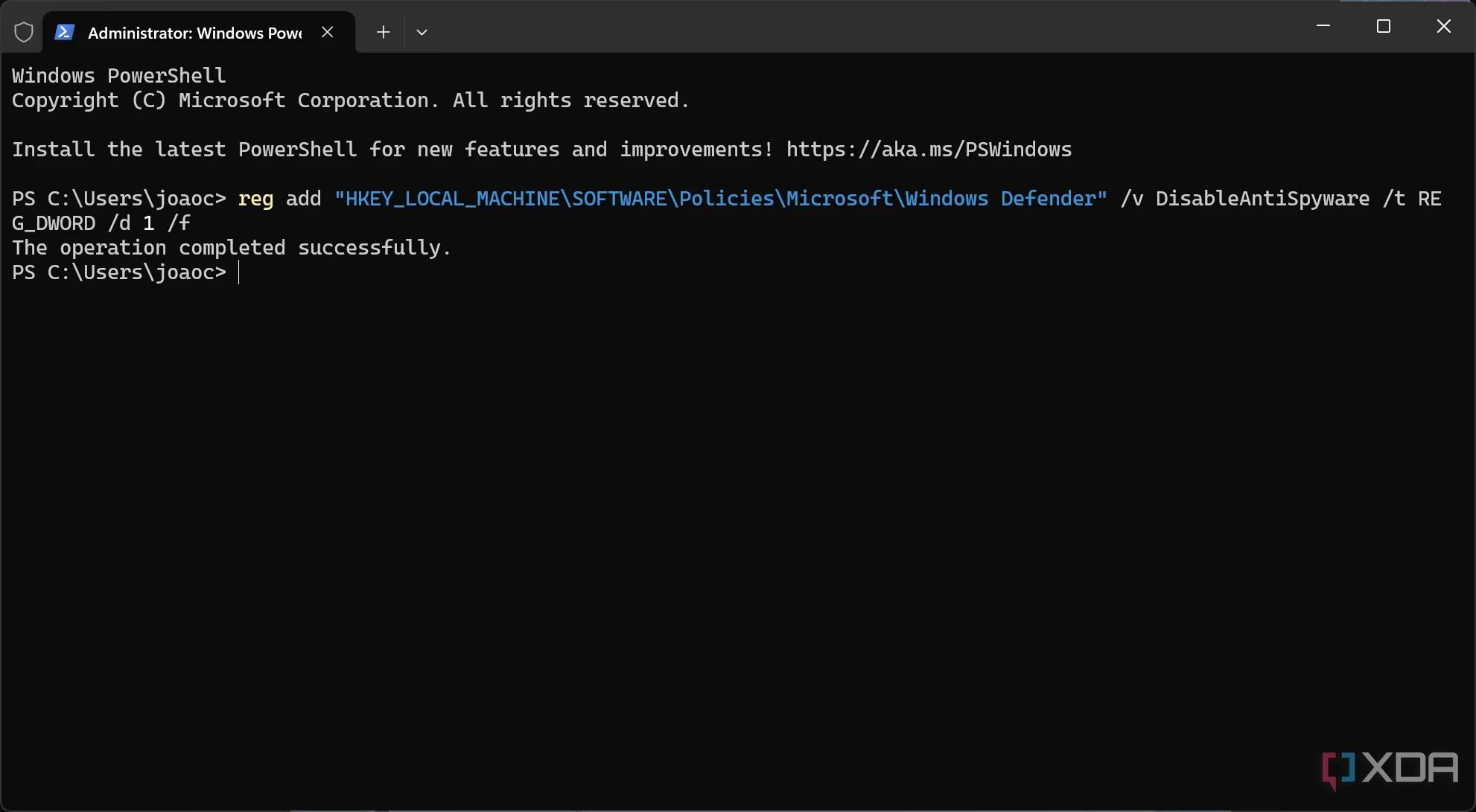 Cửa sổ Windows Terminal hiển thị lệnh CMD để vô hiệu hóa Microsoft Defender