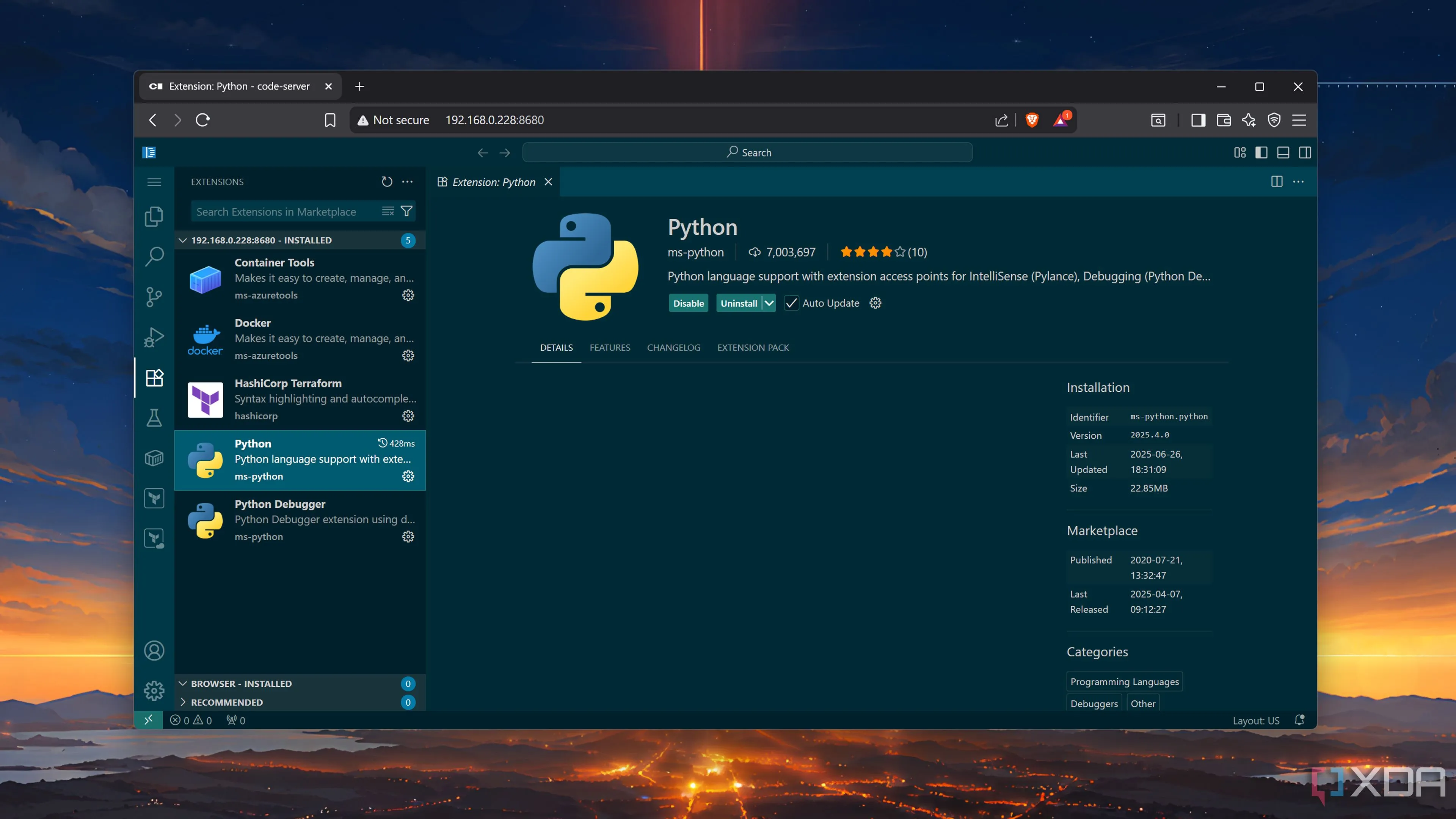 Danh sách các extension trong Code-Server từ Open VSX Registry, thể hiện điểm hạn chế về tương thích extension