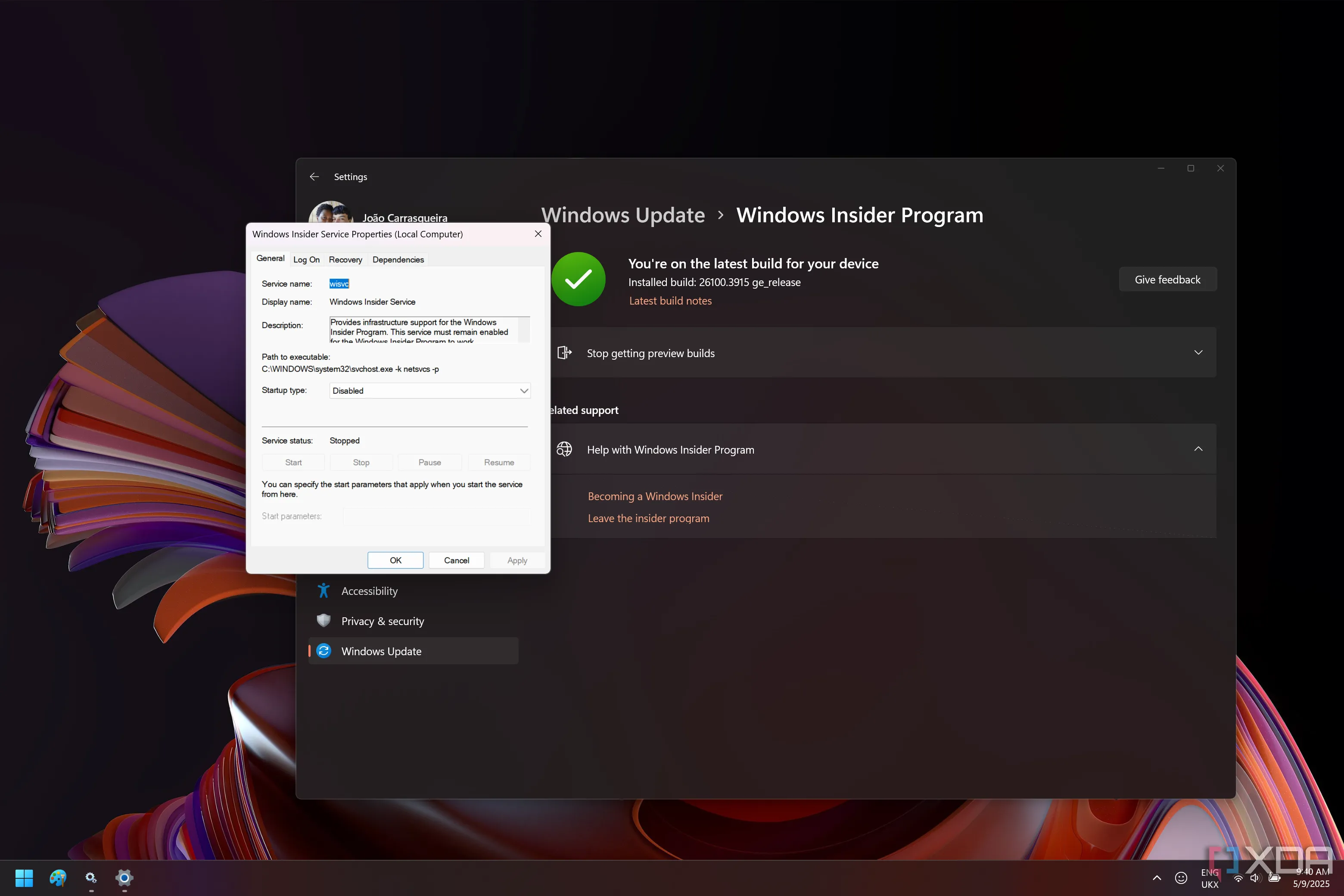 Dịch vụ Windows Insider bị vô hiệu hóa trong Windows 11 cùng với trang chương trình Windows Insider trong Cài đặt