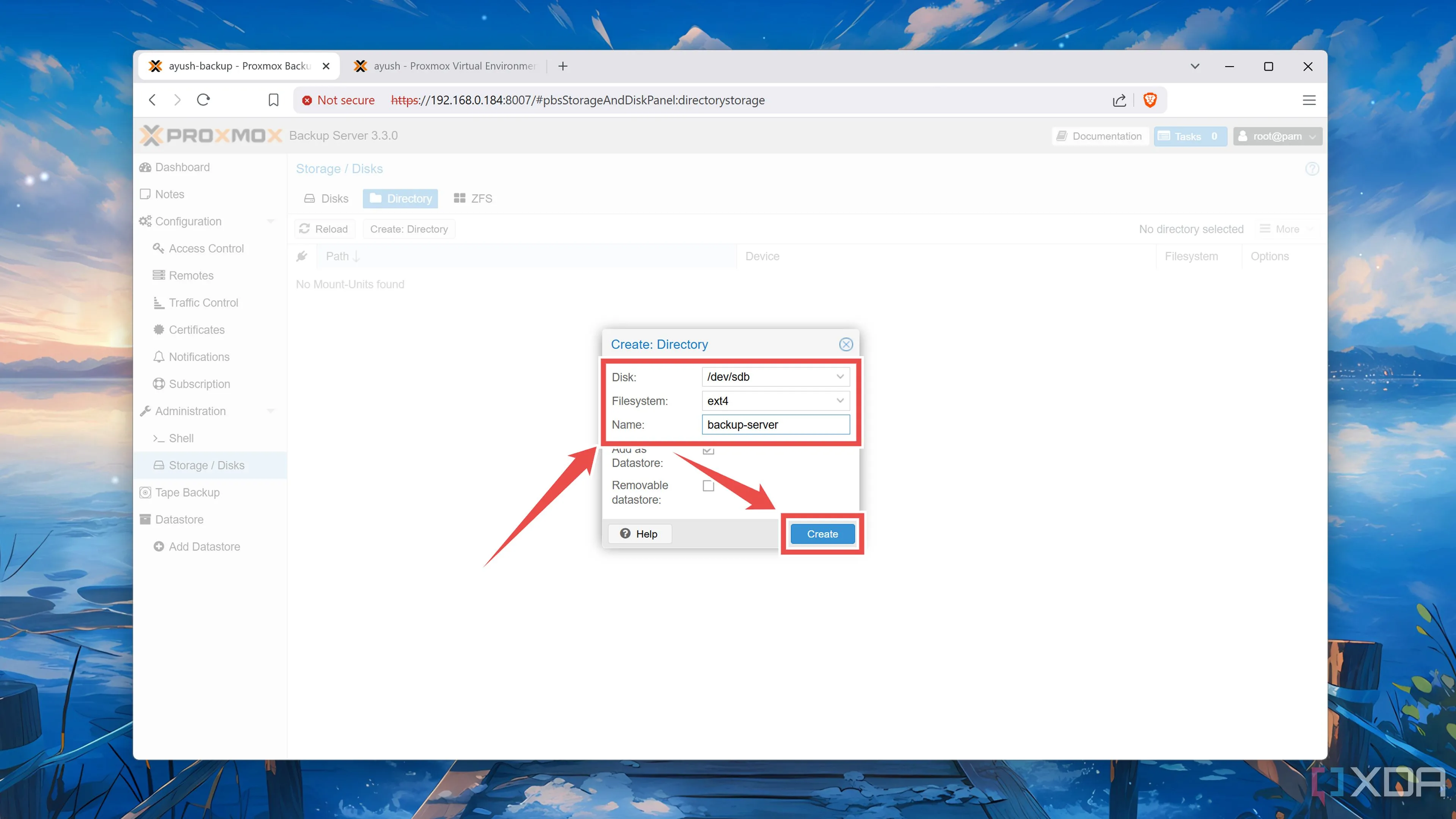 Điền thông tin để tạo datastore mới trong giao diện web Proxmox Backup Server