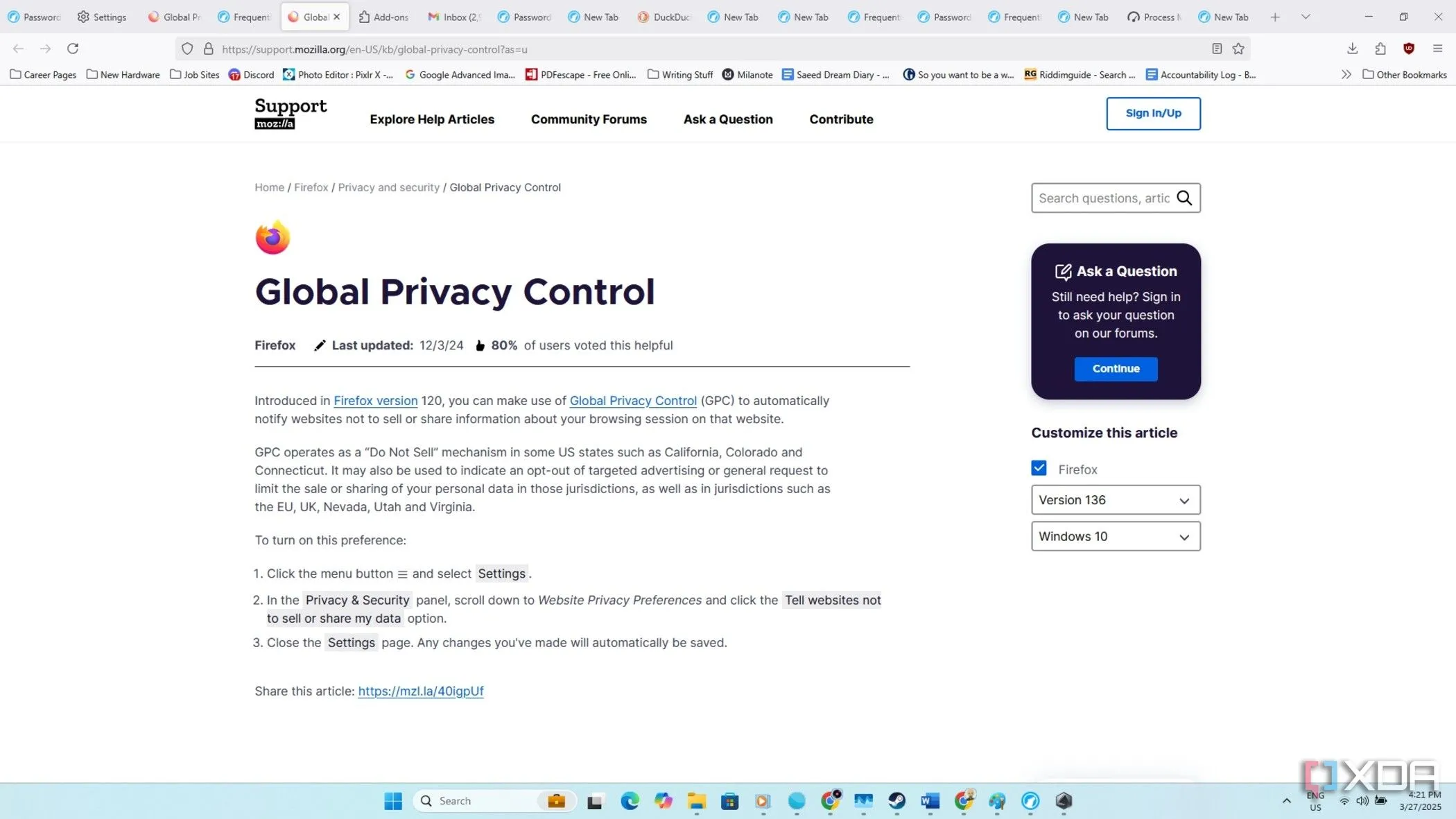 Giao diện cài đặt Global Privacy Control (Kiểm soát Quyền riêng tư Toàn cầu) trong trình duyệt LibreWolf, hiển thị tùy chọn &quot;Website Privacy Preferences&quot;.