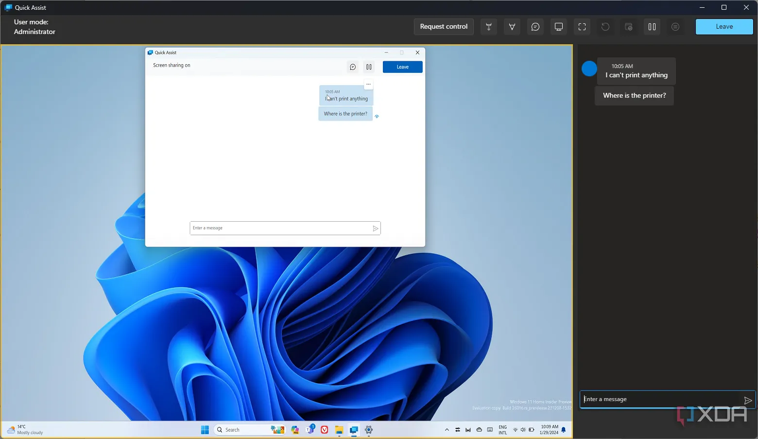 Giao diện chat của công cụ Quick Assist trong Windows 11, hiển thị hộp thoại hỗ trợ từ xa