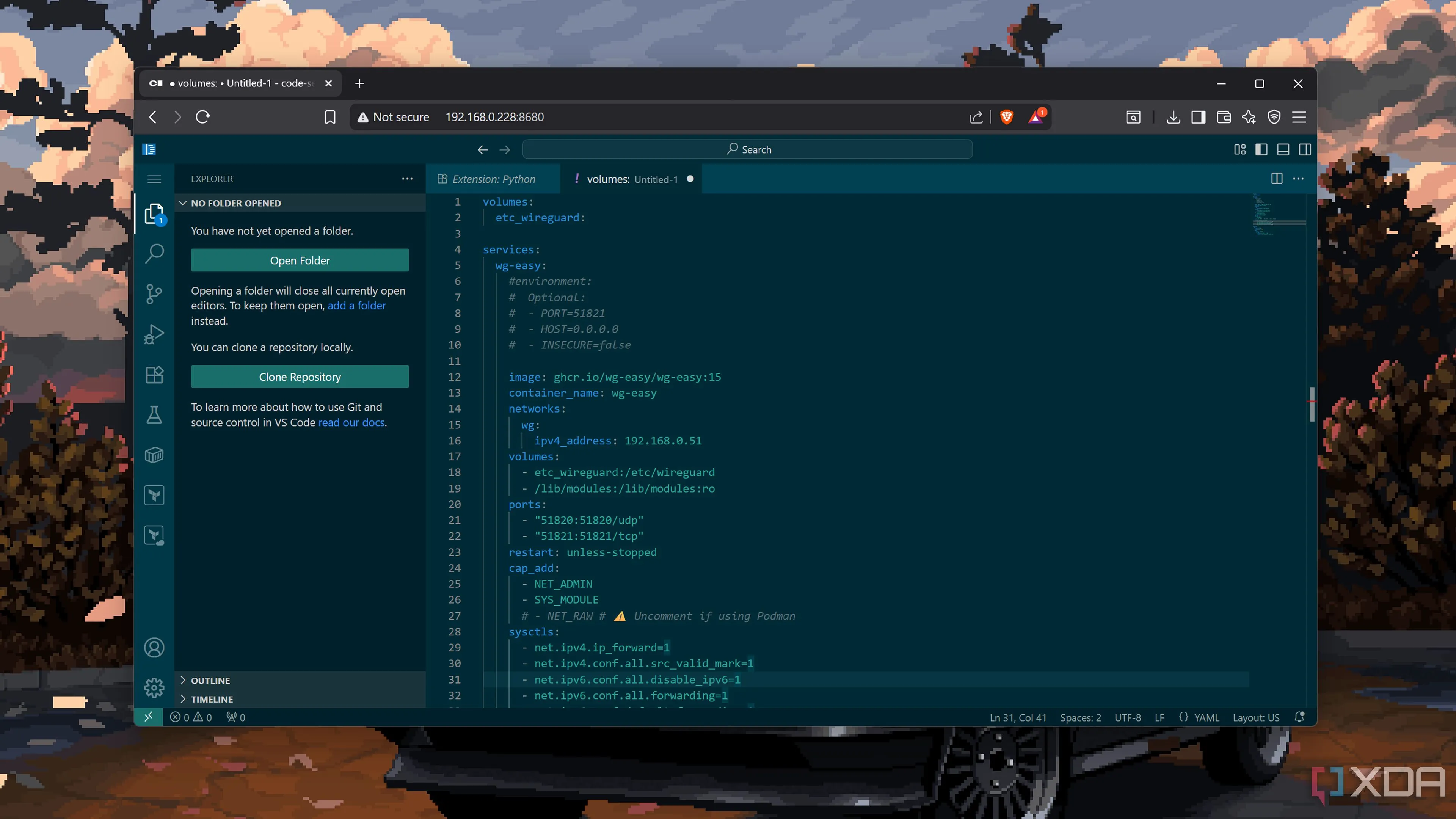 Giao diện Code-Server đang chỉnh sửa file Docker Compose, minh họa khả năng chạy VS Code trên trình duyệt