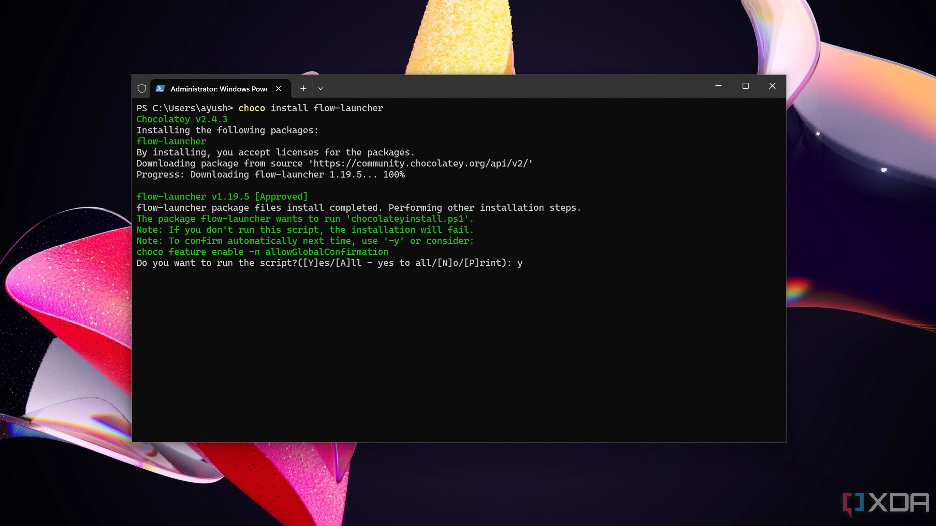 Giao diện Command Prompt hiển thị các dòng lệnh và kết quả liên quan đến Chocolatey, thể hiện sự mạnh mẽ của công cụ