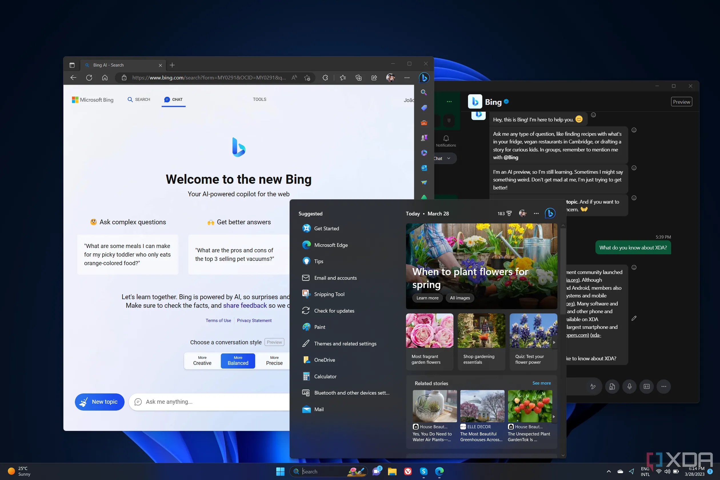 Giao diện công cụ tìm kiếm Bing trong trình duyệt Microsoft Edge và ứng dụng Skype trên Windows 11