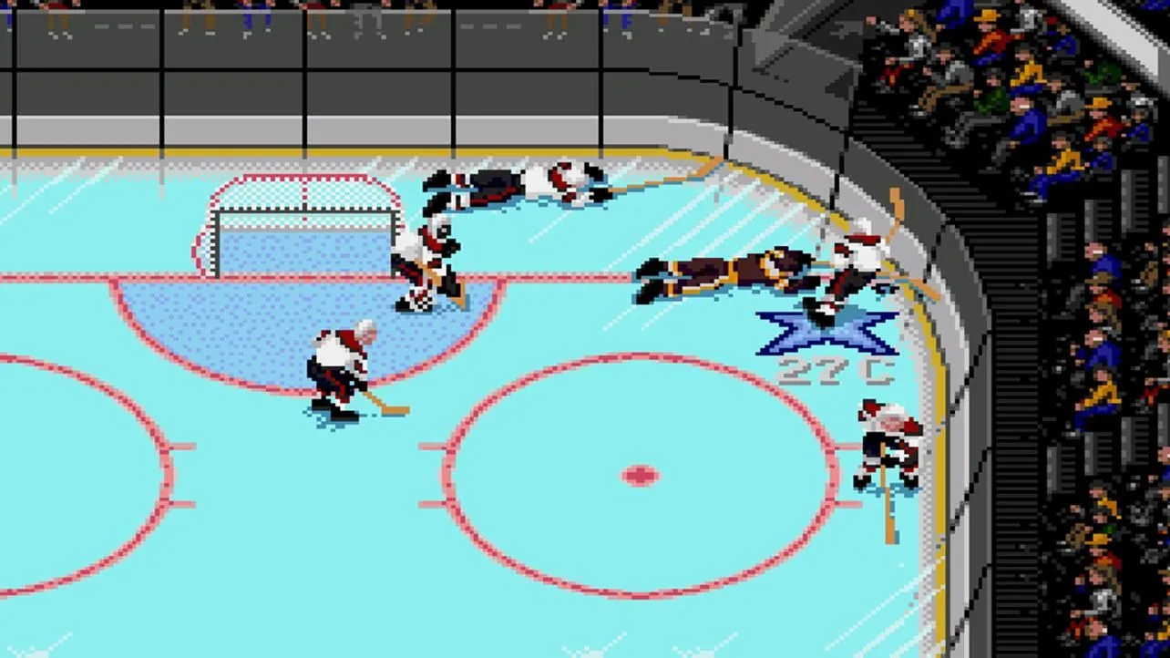 Giao diện gameplay của NHL 94 với các cầu thủ khúc côn cầu trên sân băng