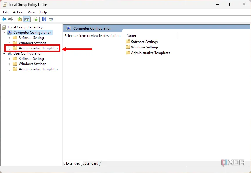 Giao diện Group Policy Editor với tùy chọn &quot;Administrative Templates&quot; được chọn