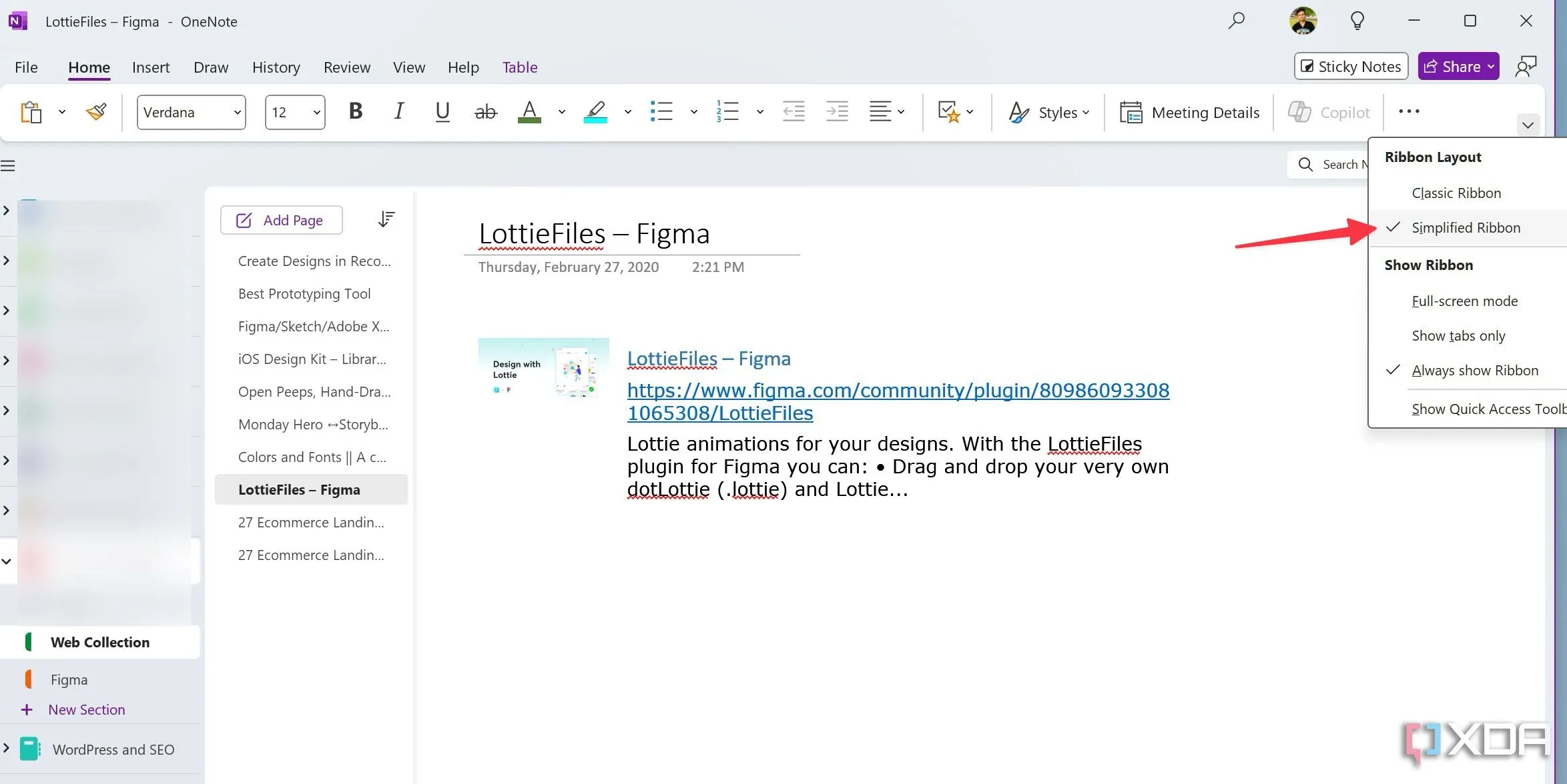 Giao diện OneNote trên Windows với tùy chọn bật Ribbon đơn giản hóa ở góc trên bên phải.