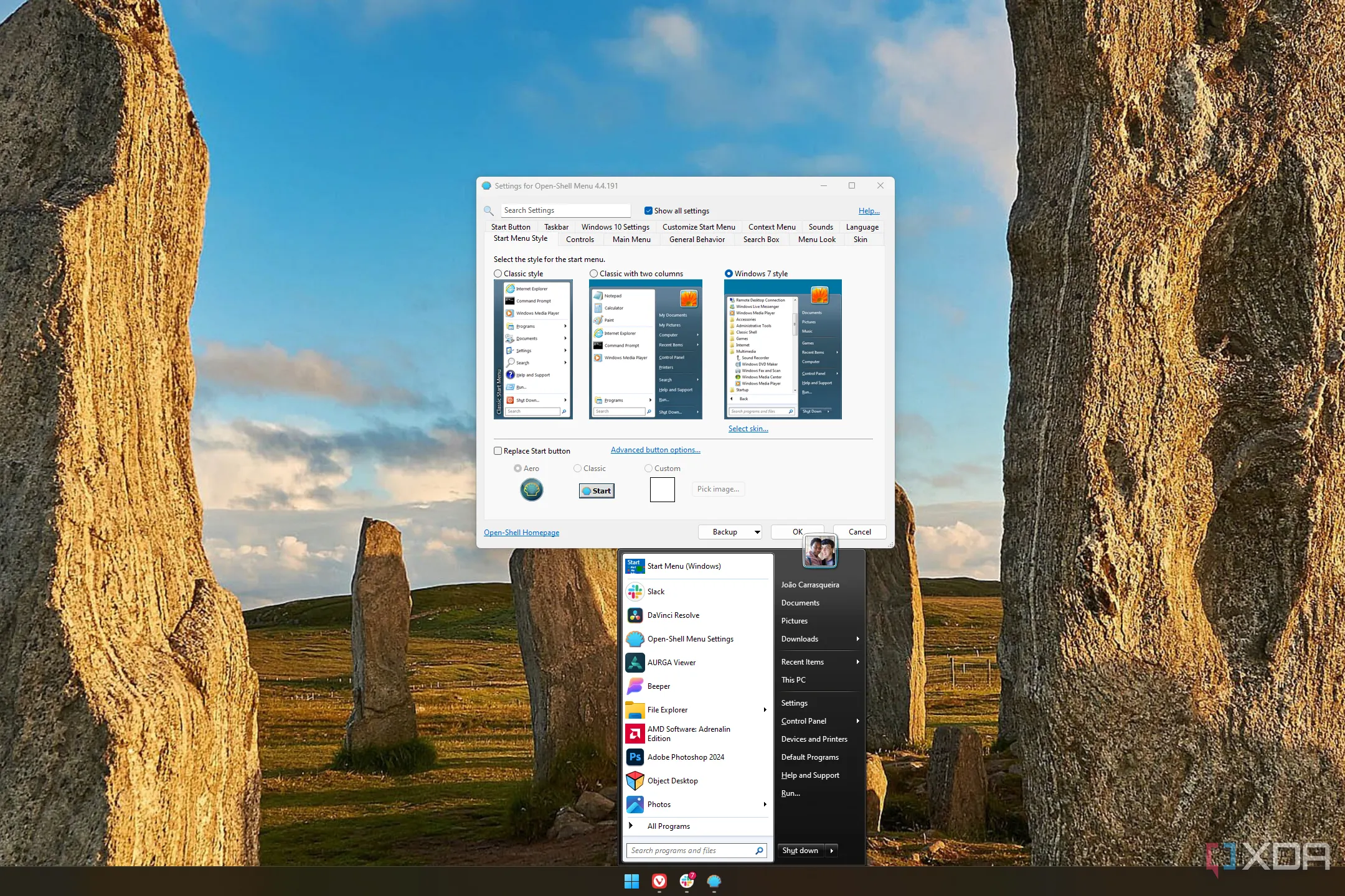 Giao diện OpenShell hiển thị Start menu kiểu cũ và cửa sổ cài đặt trên Windows 11