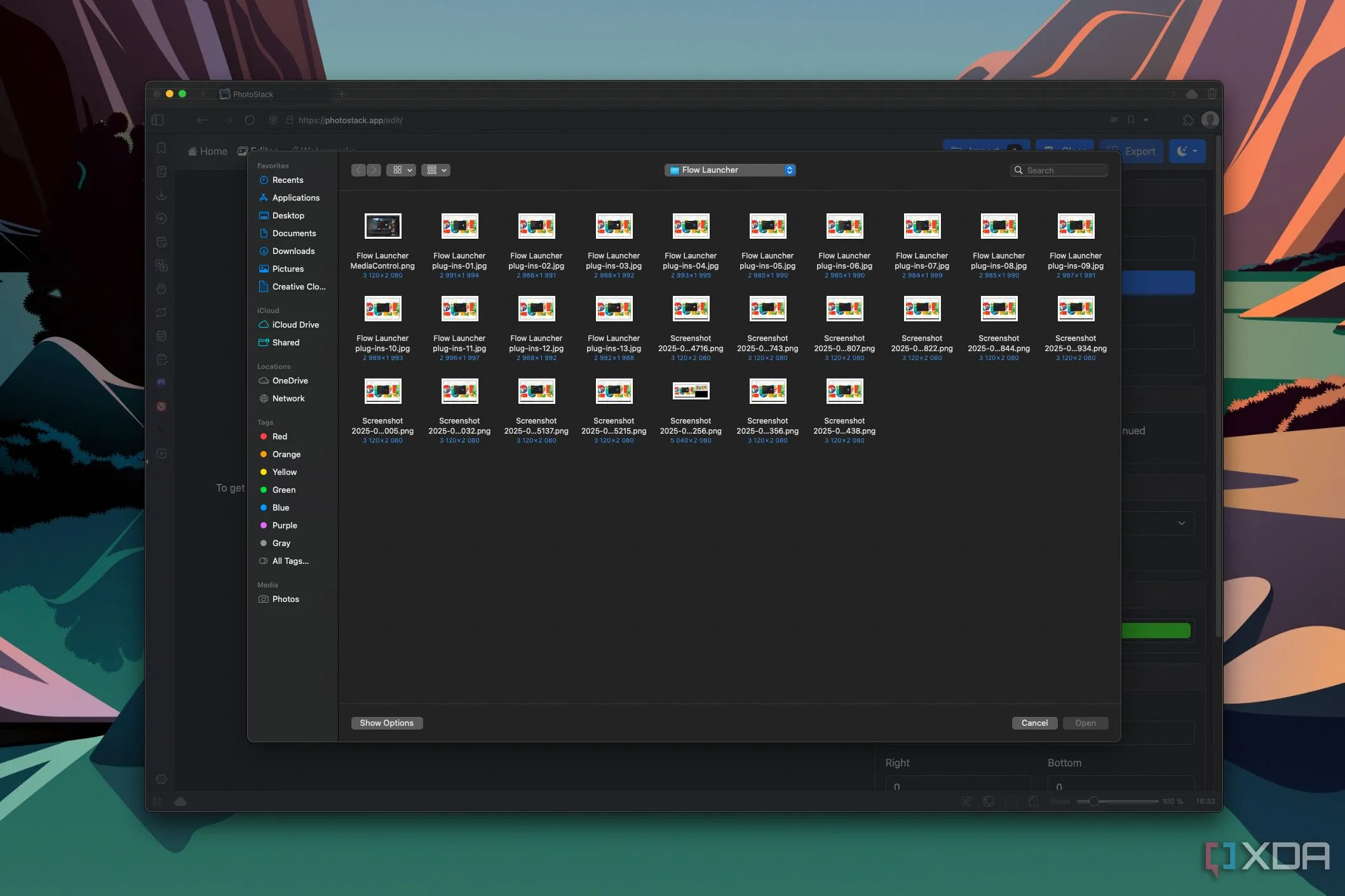 Giao diện PhotoStack trên macOS với cửa sổ chọn tệp, minh họa dữ liệu được xử lý cục bộ trên trình duyệt