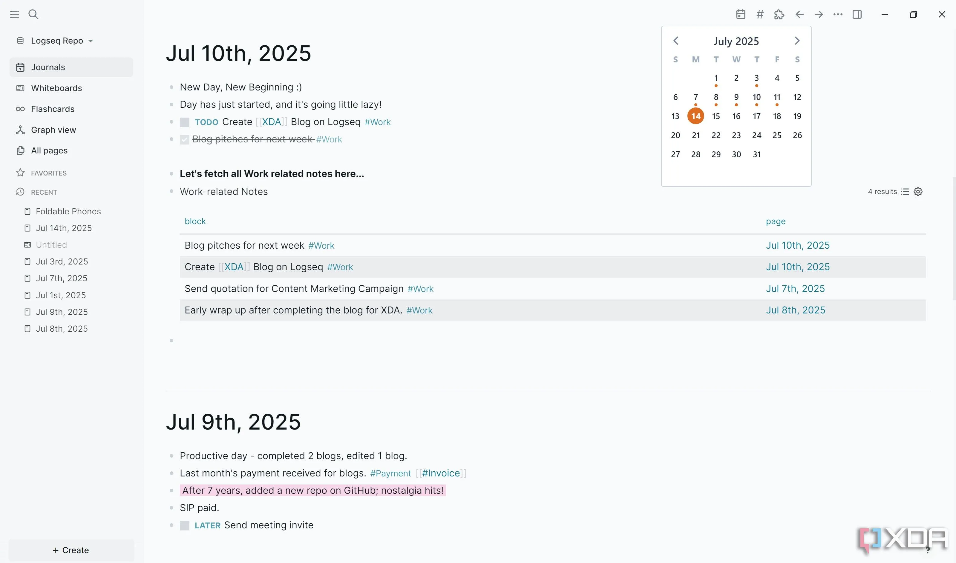 Giao diện plugin Journals Calendar trong Logseq hiển thị lịch và các ngày có ghi chú