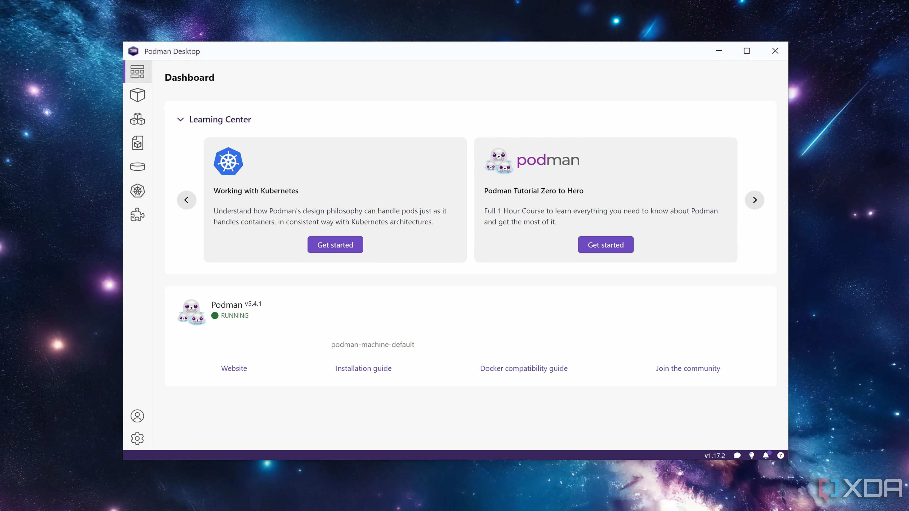 Giao diện Podman Desktop với tab Dashboard