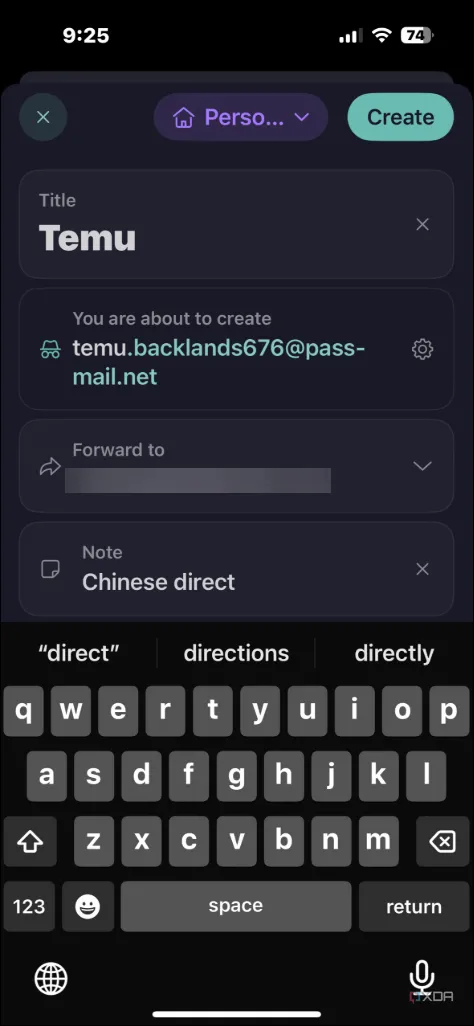 Giao diện tạo và quản lý địa chỉ email ảo Hide My Email trên Proton Pass trên iPhone