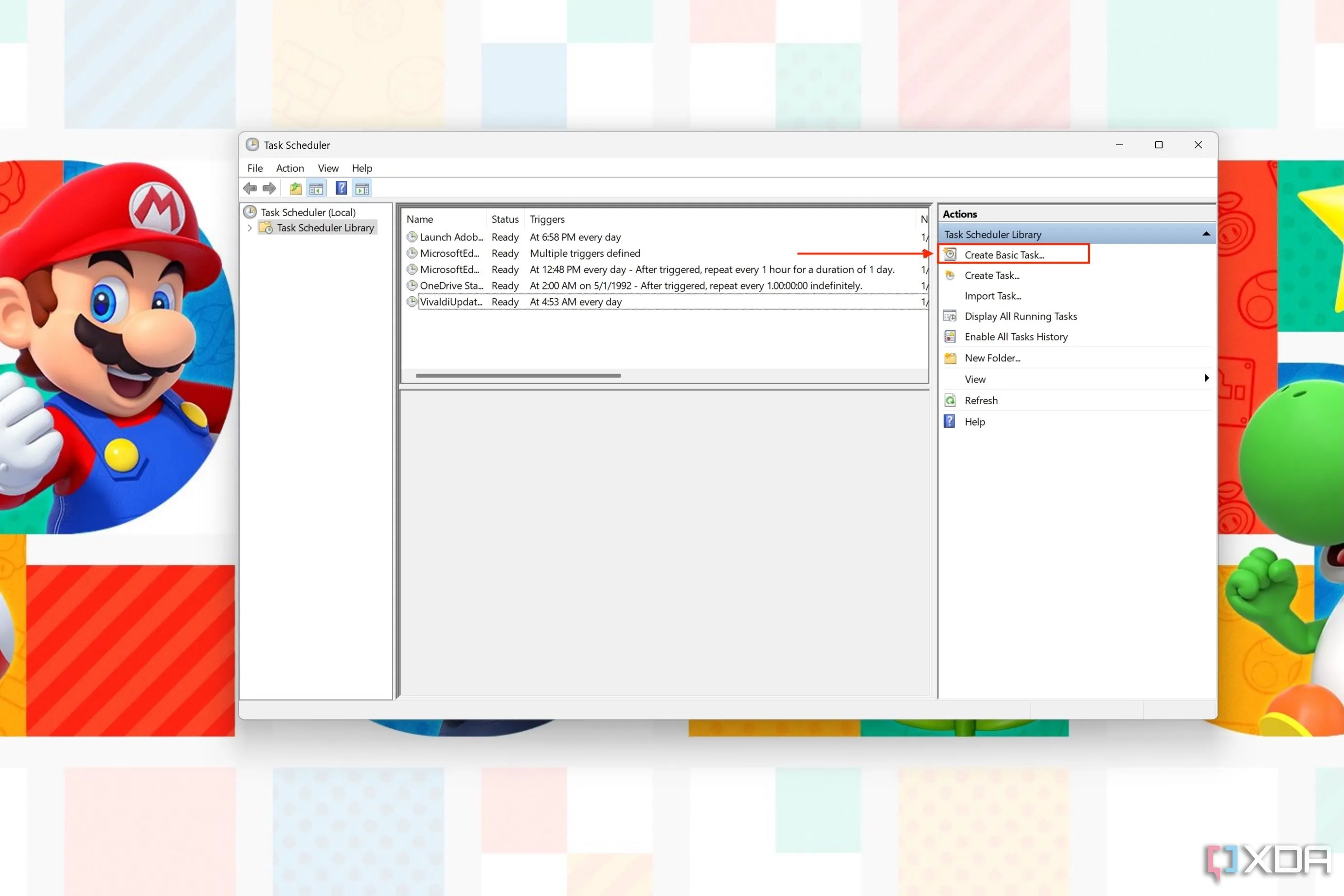 Giao diện Task Scheduler với nút Create Basic Task được tô sáng