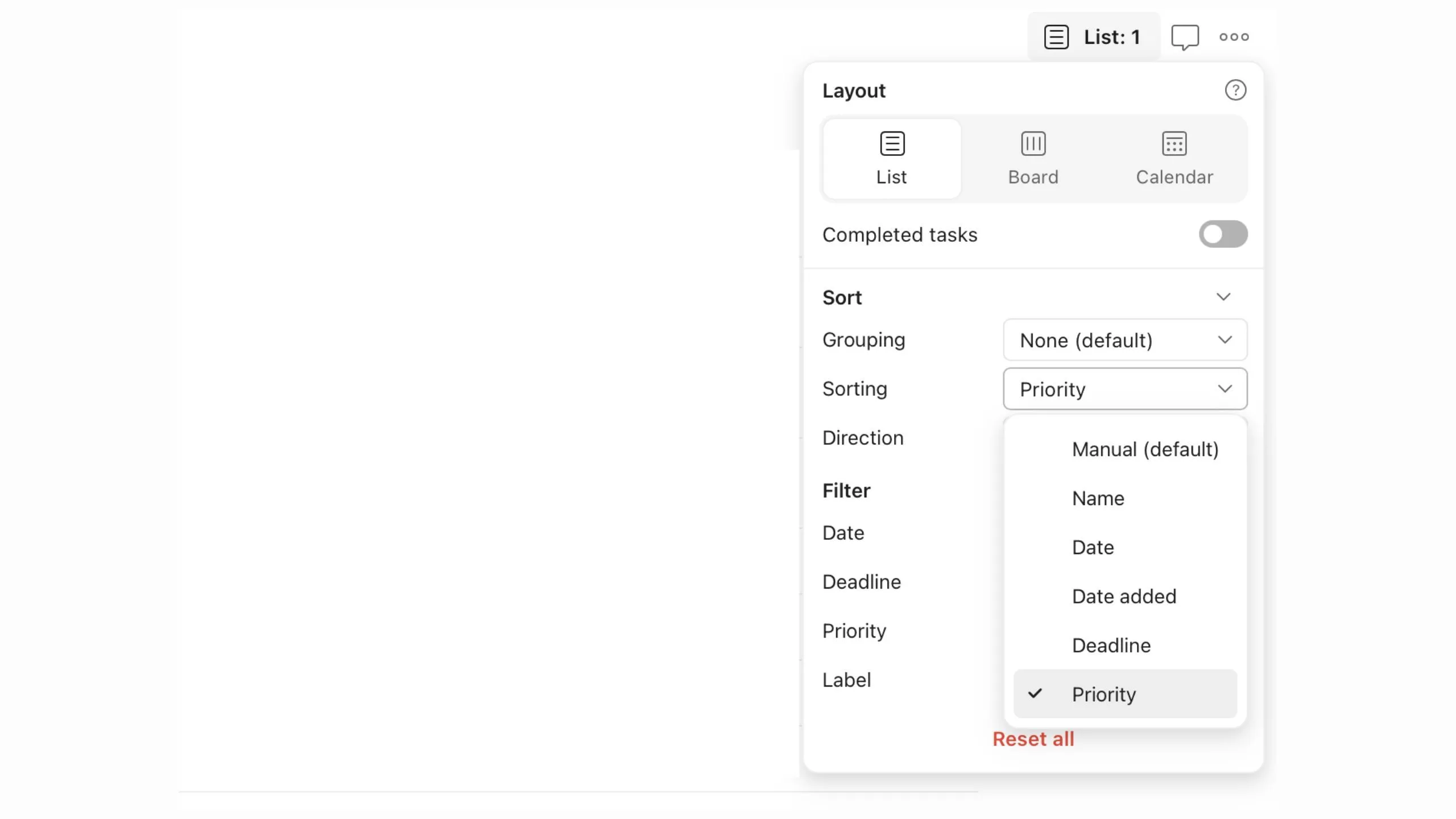 Giao diện Todoist hiển thị các tác vụ được sắp xếp theo mức độ ưu tiên (Priority 1, 2, 3)