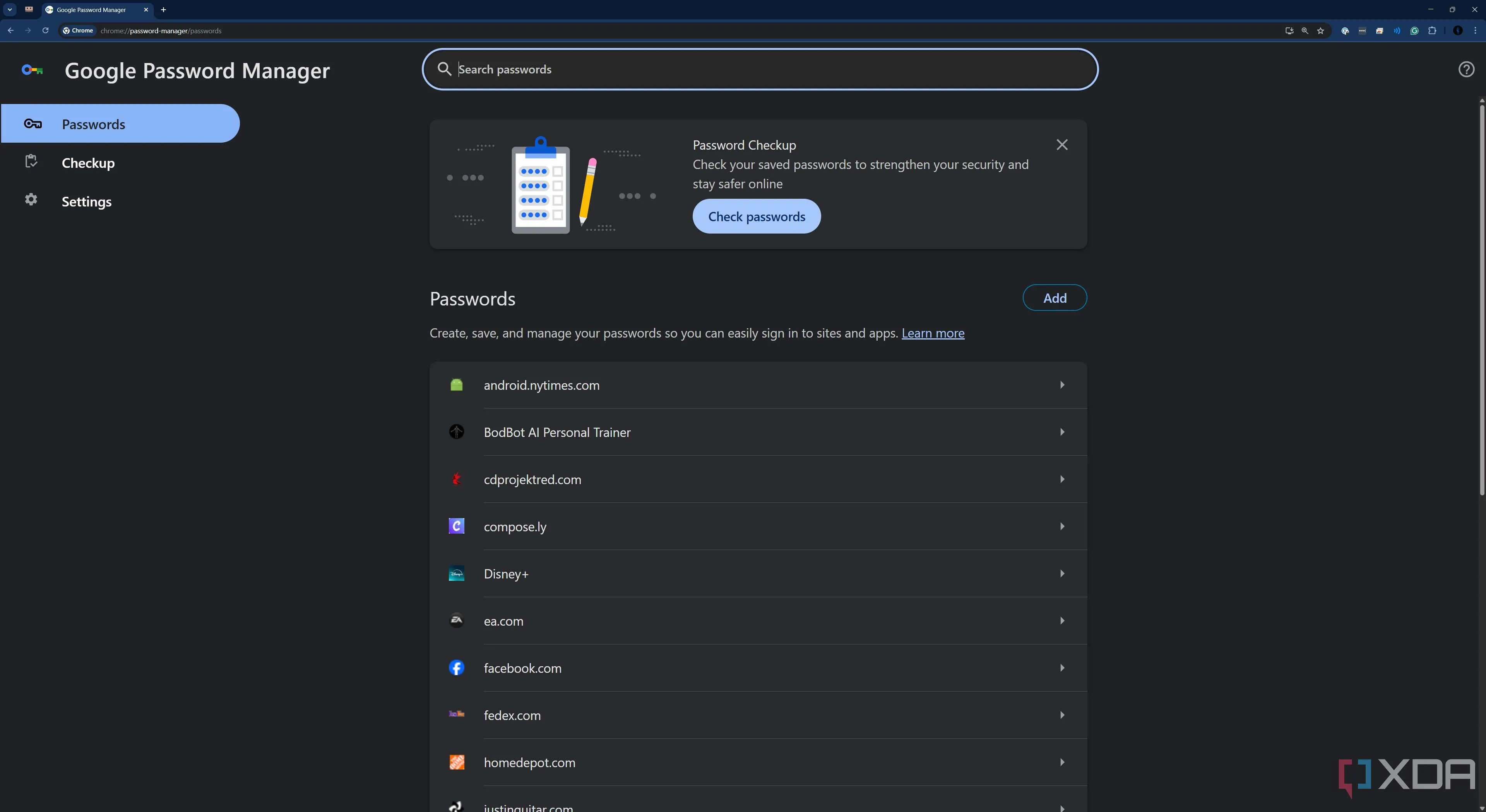Giao diện trình quản lý mật khẩu của Google Chrome, hiển thị các tùy chọn mật khẩu đã lưu