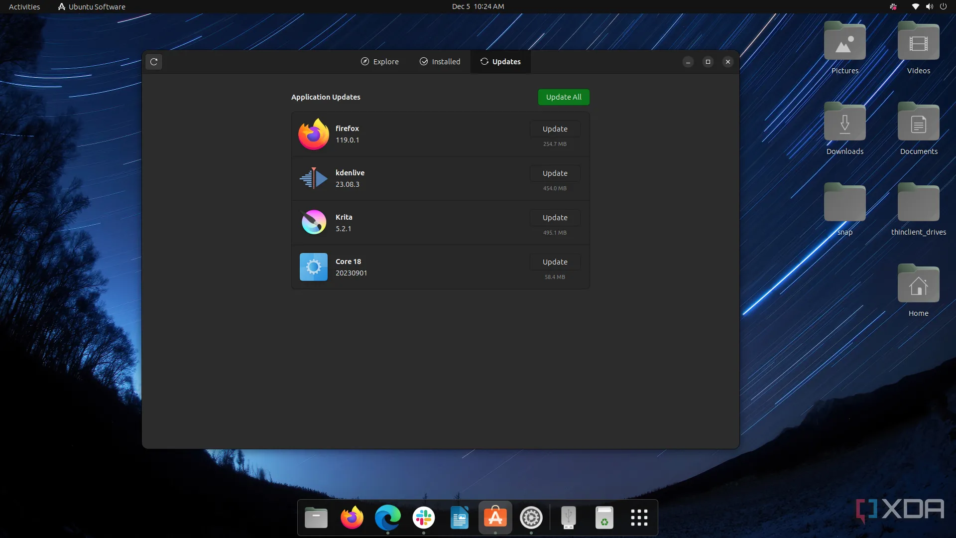 Giao diện trung tâm phần mềm Ubuntu hiển thị các bản cập nhật cho ứng dụng mã nguồn mở như Firefox