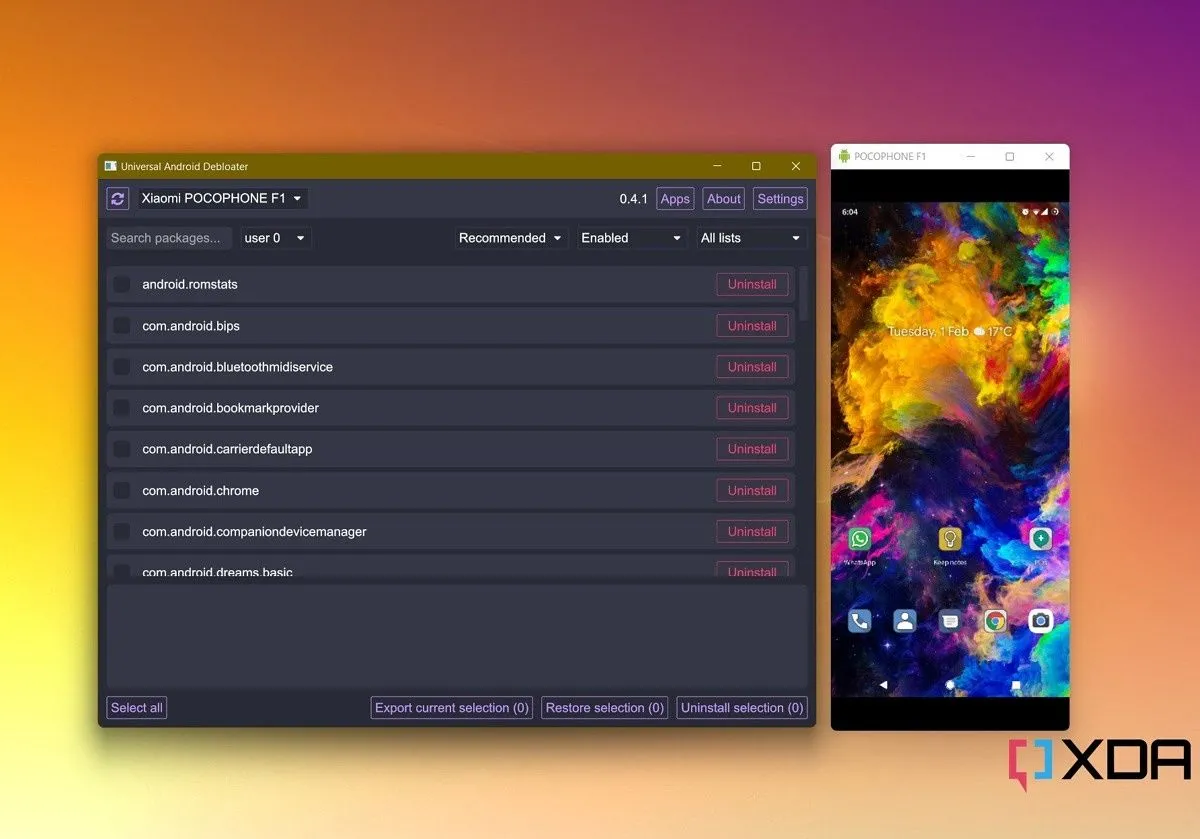 Giao diện Universal Android Debloater hiển thị danh sách bloatware cần loại bỏ trên hệ thống