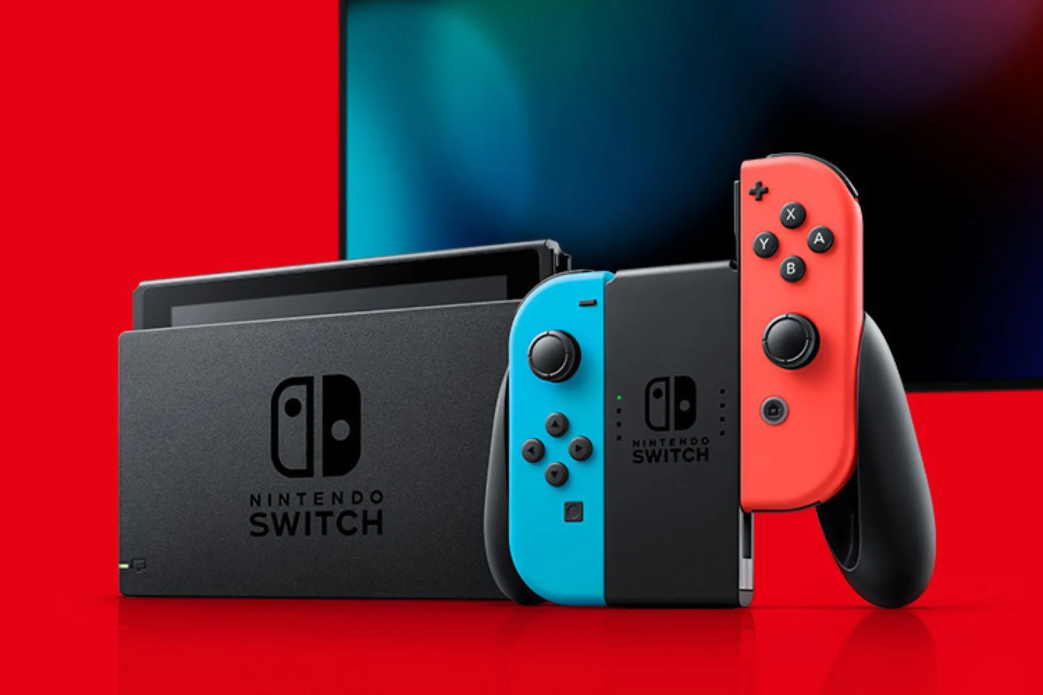 Hệ máy chơi game Nintendo Switch đặt trước màn hình TV