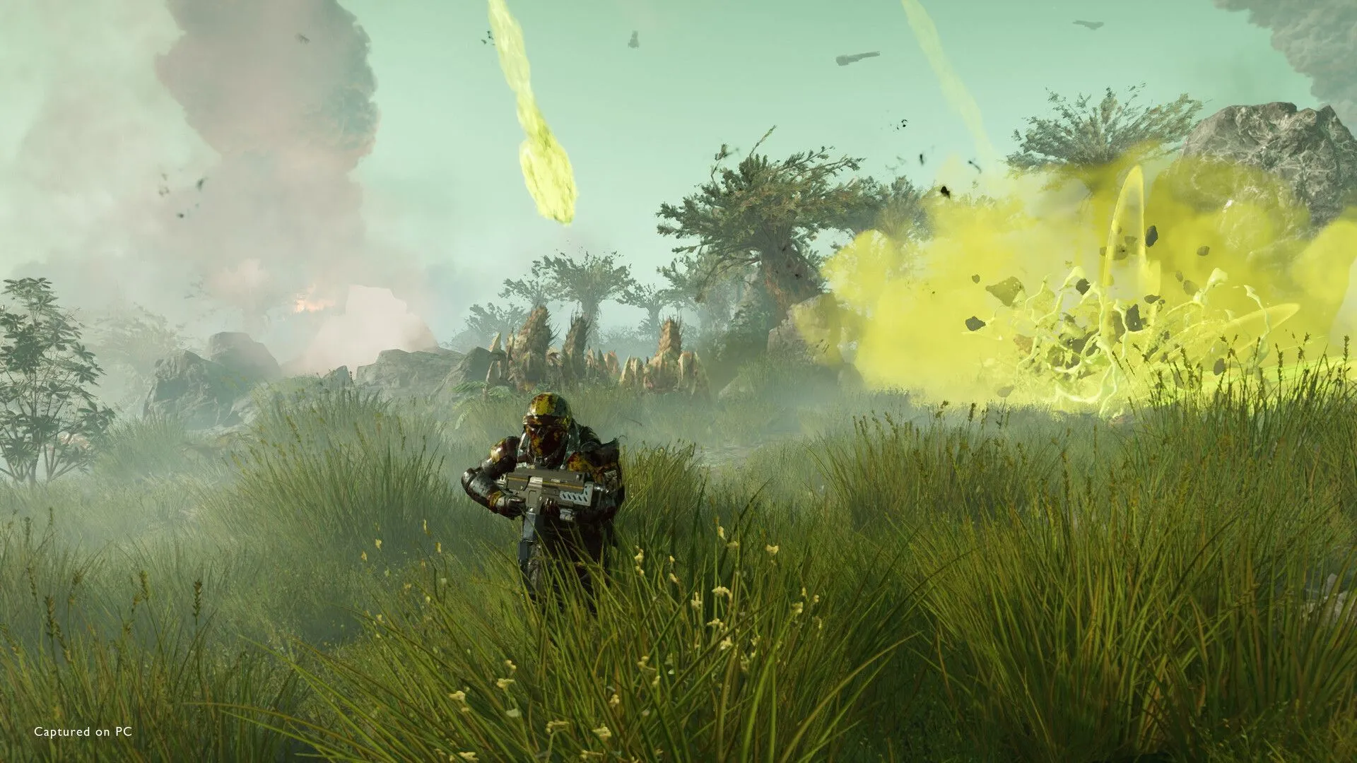Helldivers 2: Người lính chạy trên cánh đồng cỏ xanh mướt