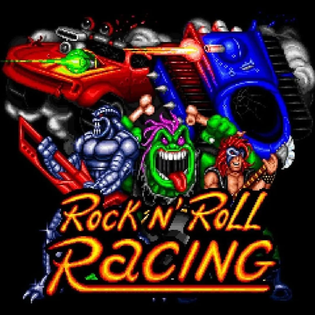 Hình ảnh bìa game Rock n' Roll Racing cho SNES với xe tải chiến đấu