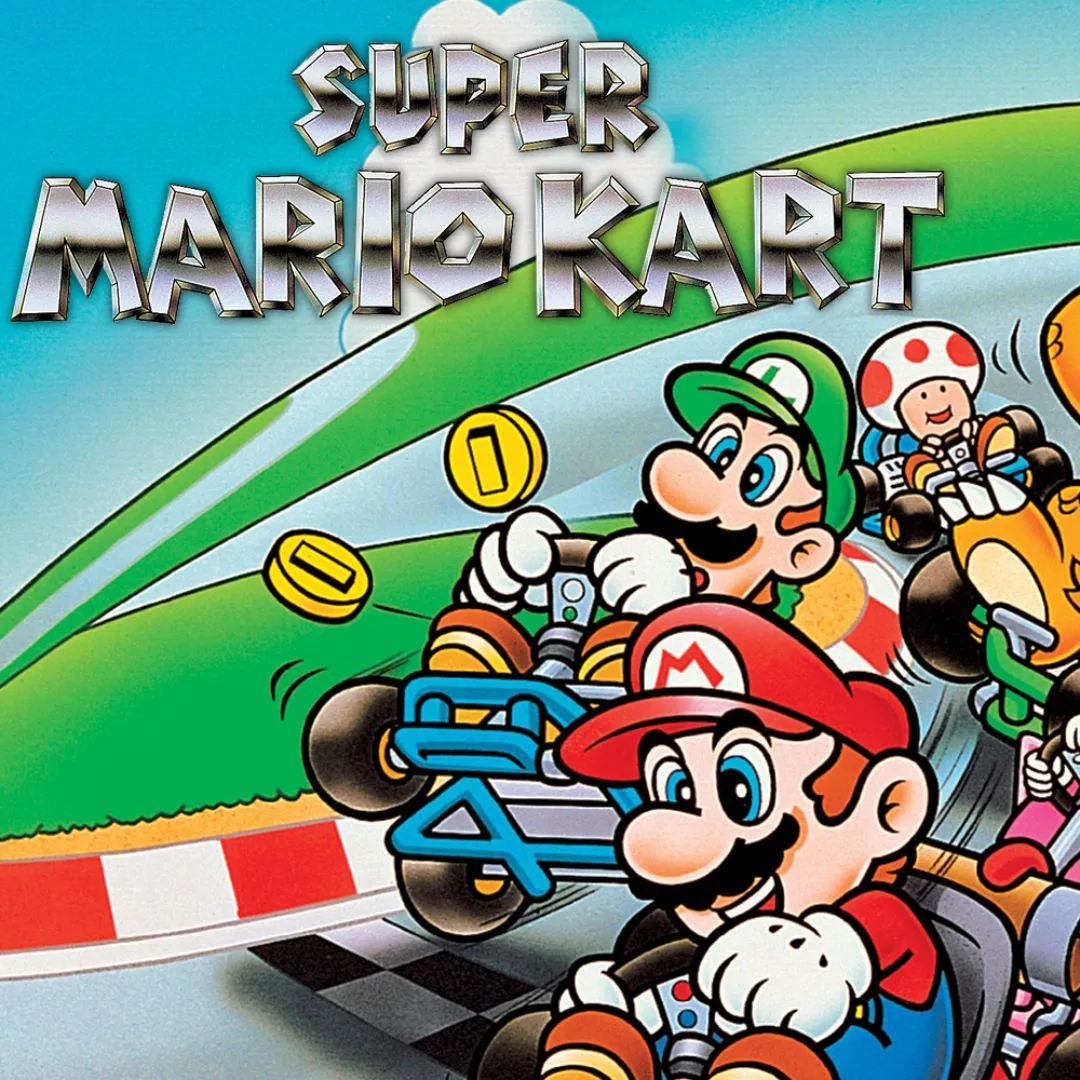 Hình ảnh bìa game Super Mario Kart trên SNES với Mario và Luigi lái xe go-kart