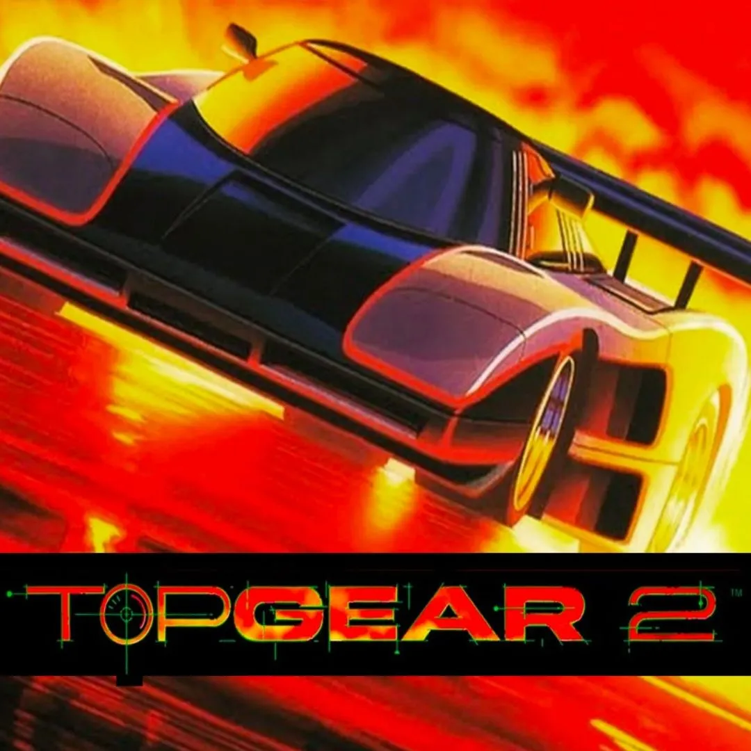 Hình ảnh bìa game Top Gear 2 trên SNES với chiếc xe màu đỏ phóng nhanh trên đường đua