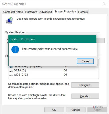 Hình ảnh cửa sổ hiển thị cách tạo điểm khôi phục hệ thống thủ công trên Windows