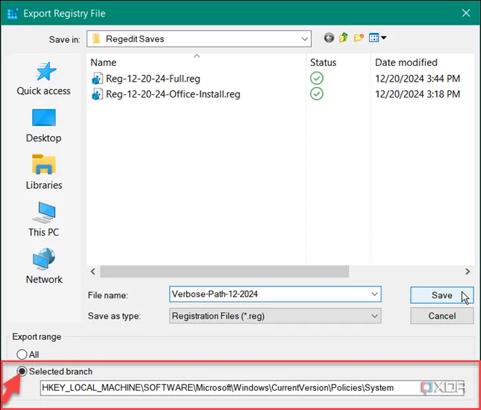 Hình ảnh minh họa cách chọn đường dẫn Registry riêng lẻ để xuất và sao lưu