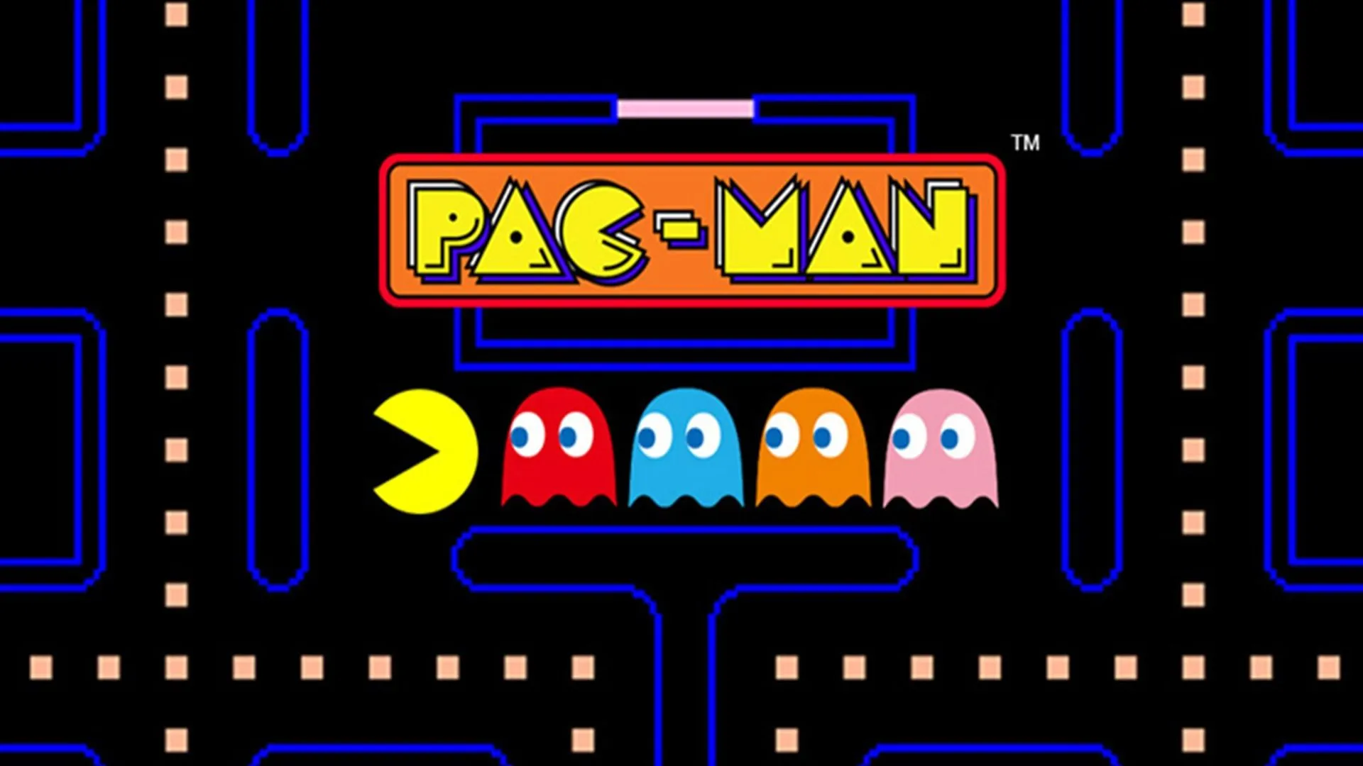 Hình ảnh quảng bá Pac-Man, biểu tượng game arcade của thập niên 80 với thiết kế đơn giản nhưng kinh điển.