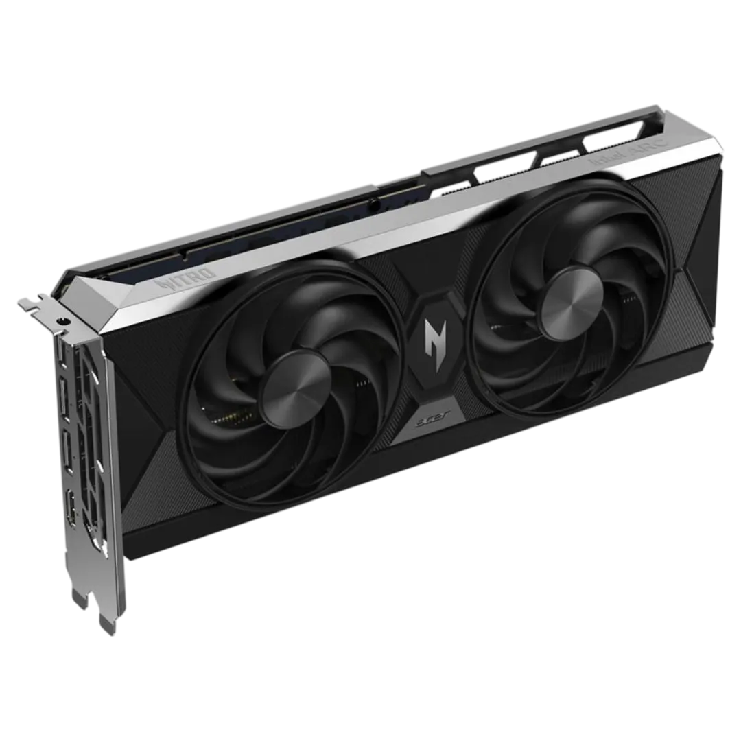 Hình ảnh render của card đồ họa Acer Nitro Intel Arc B580 12GB nhìn từ một góc