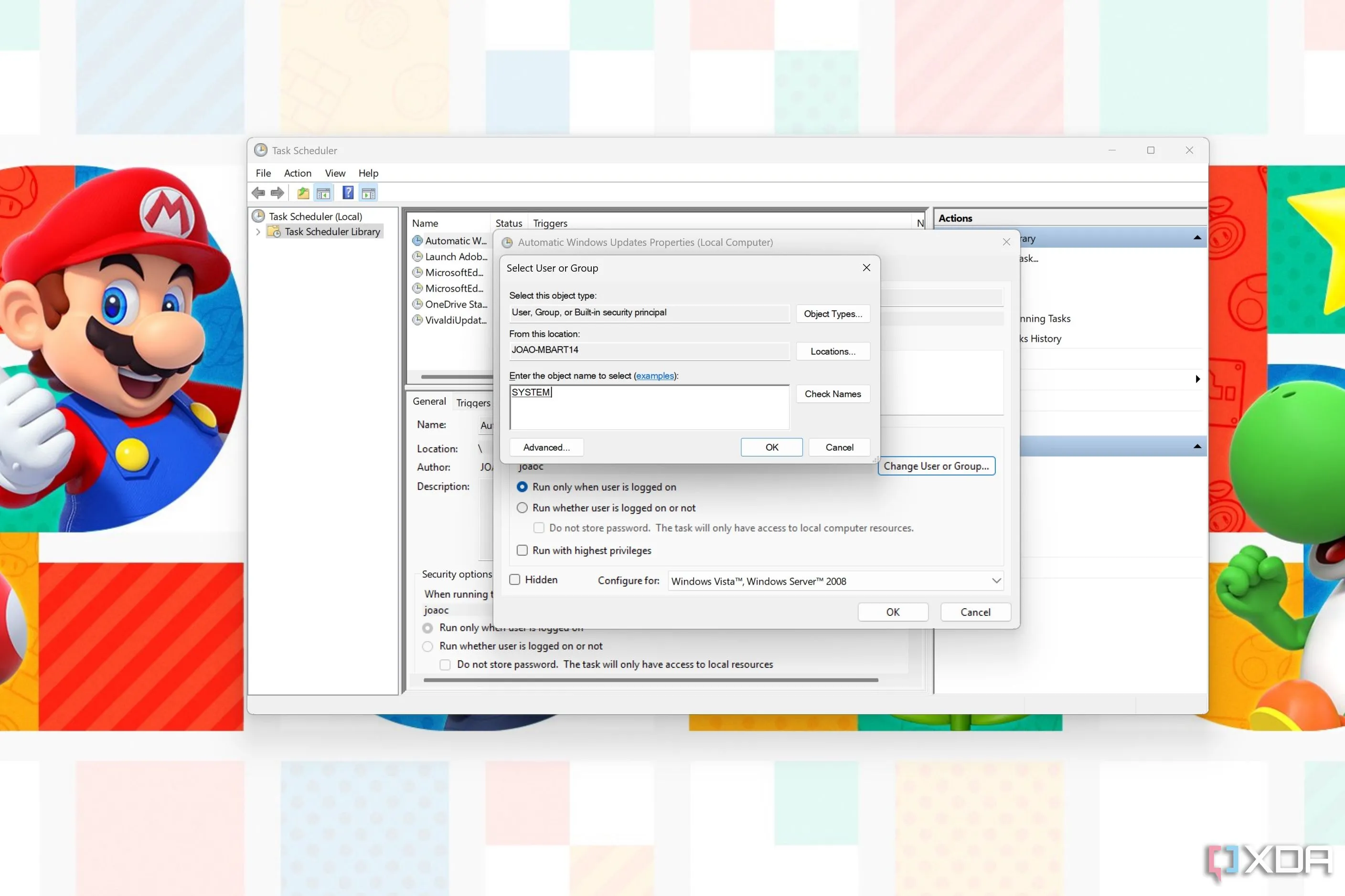 Hộp thoại Task Scheduler để chọn người dùng chạy tác vụ