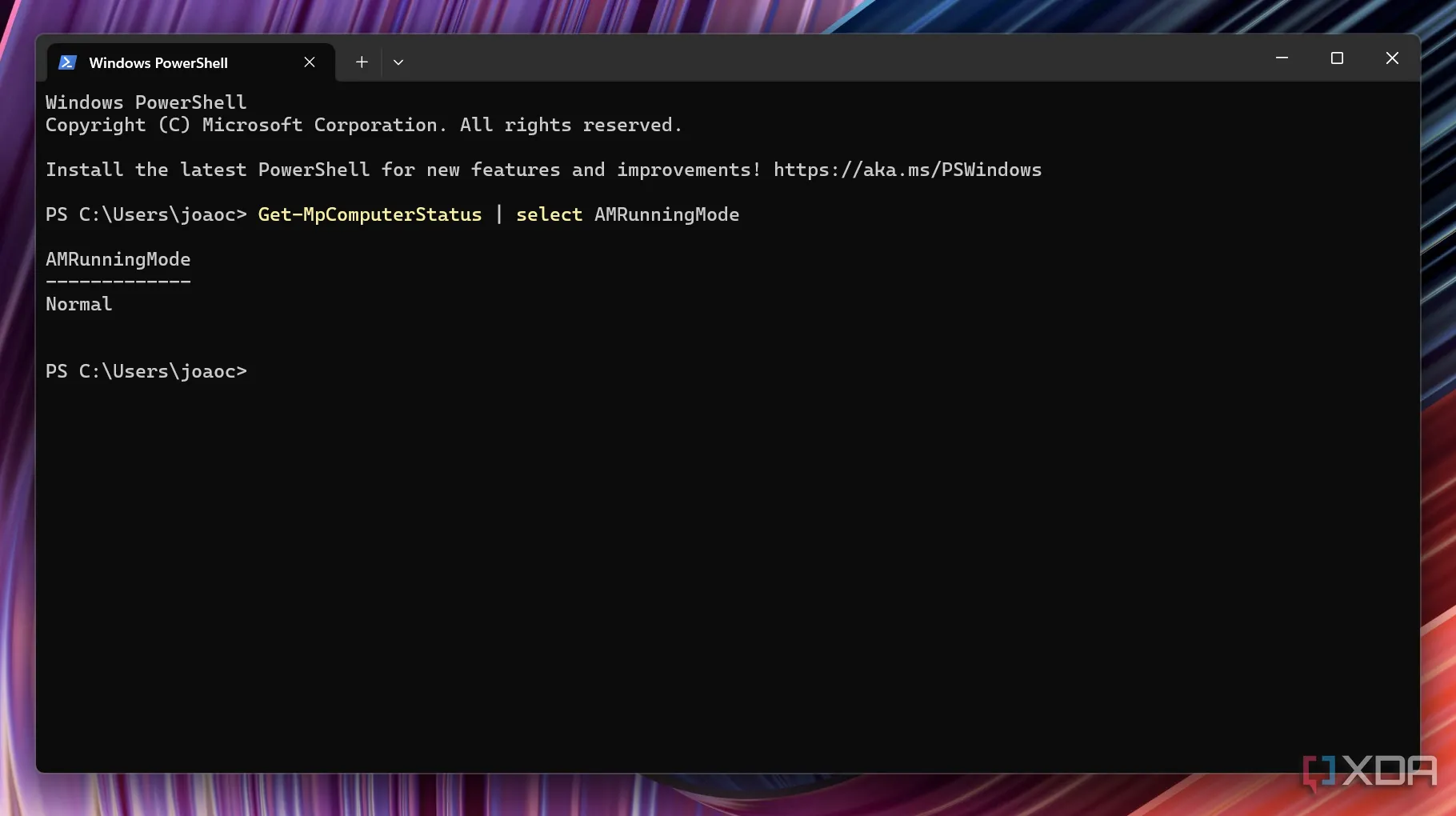 Kết quả kiểm tra trạng thái Microsoft Defender trong Windows Terminal hiển thị &quot;Normal&quot;