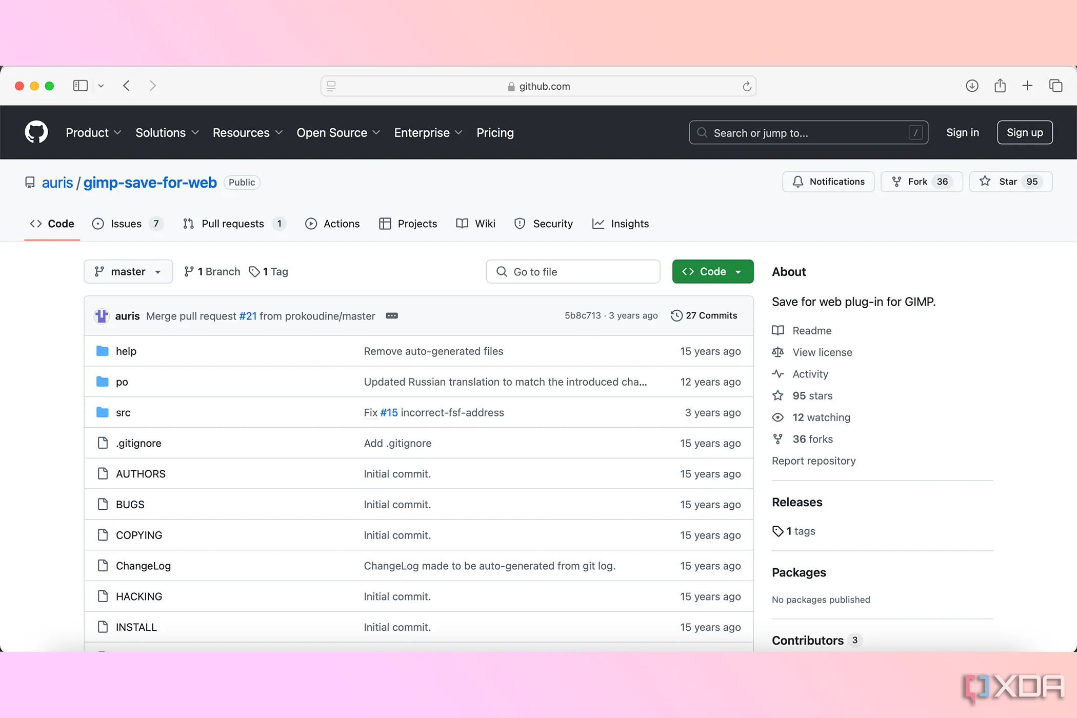 Kho lưu trữ GitHub của công cụ Save For Web, thể hiện dự án cộng đồng mã nguồn mở