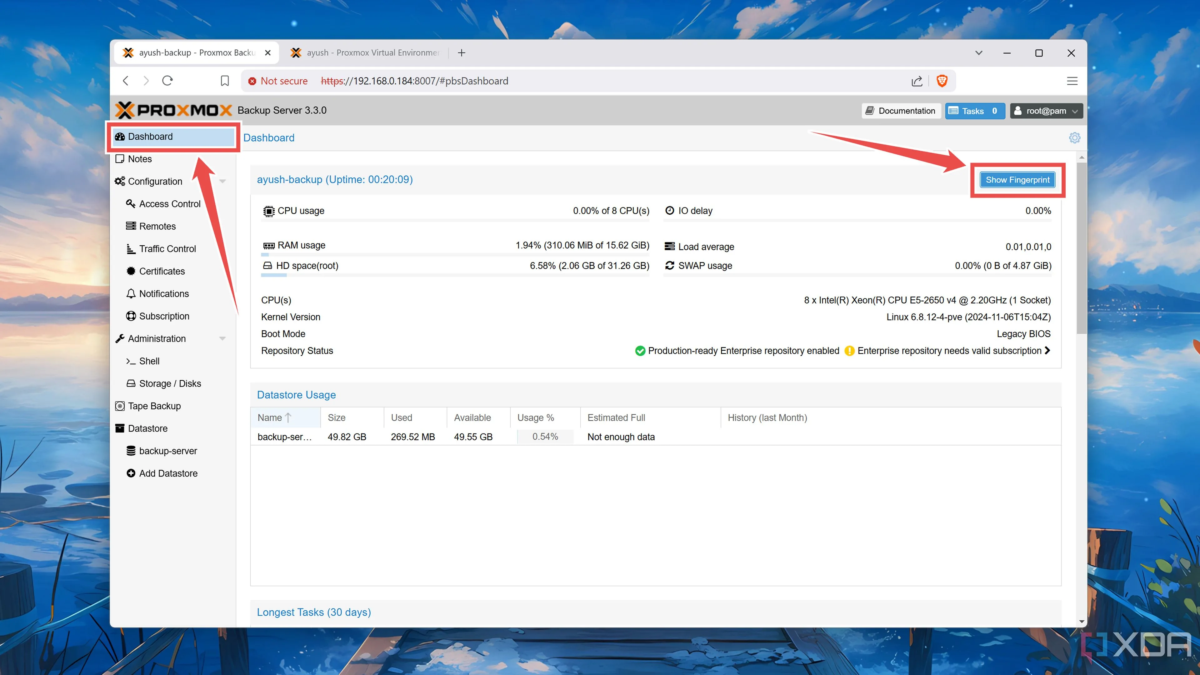 Kiểm tra và sao chép mã Fingerprint từ giao diện web của Proxmox Backup Server