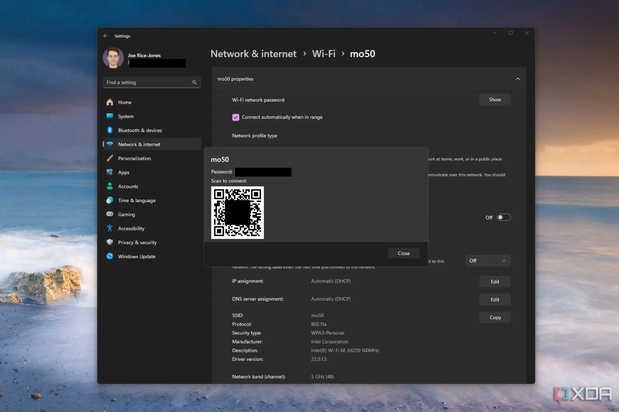 Mã QR hiển thị trên menu Wi-Fi của Windows 11 để chia sẻ mật khẩu mạng