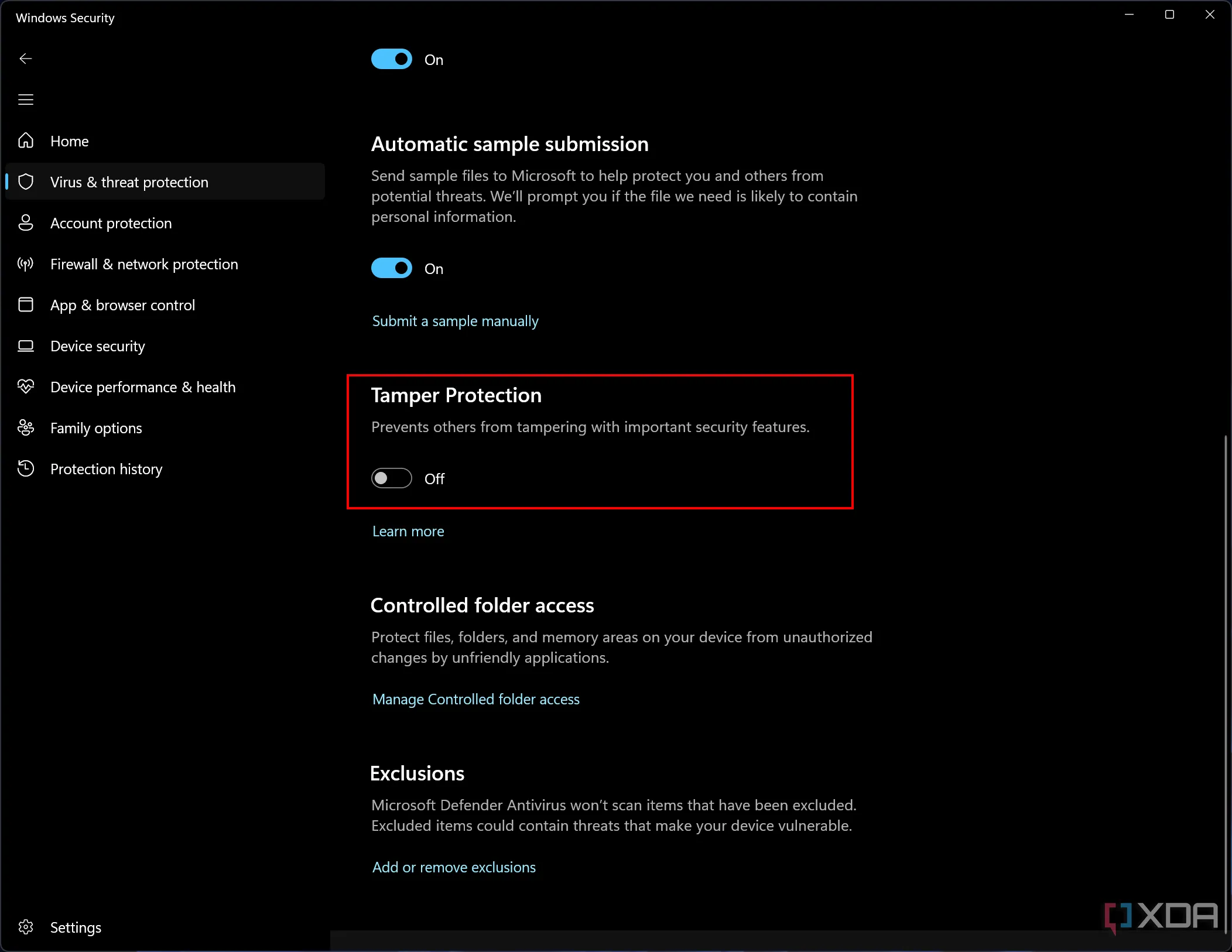 Màn hình Bảo mật Windows với tính năng Chống giả mạo (Tamper Protection) đã tắt