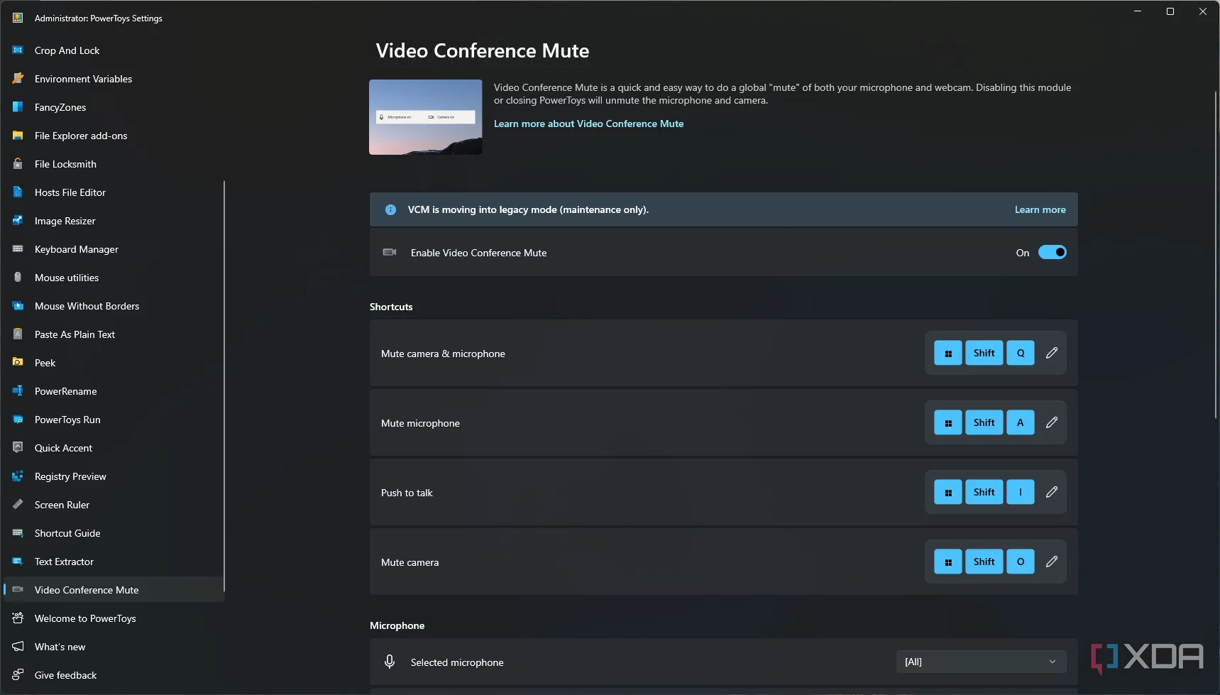 Màn hình cài đặt Video Conference Mute của PowerToys, với các tùy chọn tắt tiếng mic và camera nhanh chóng.