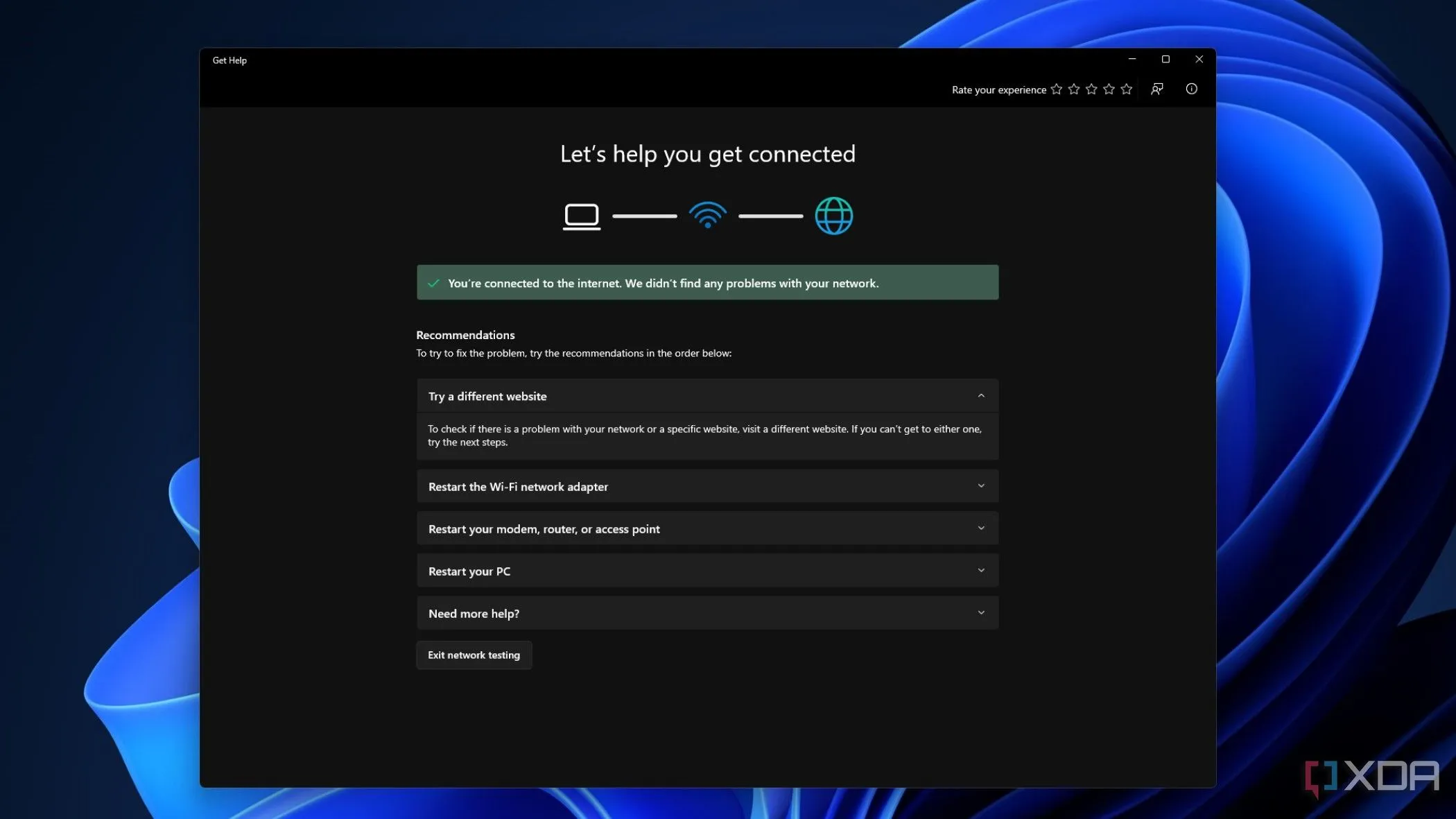Màn hình công cụ chẩn đoán và khắc phục sự cố mạng trên Windows Settings