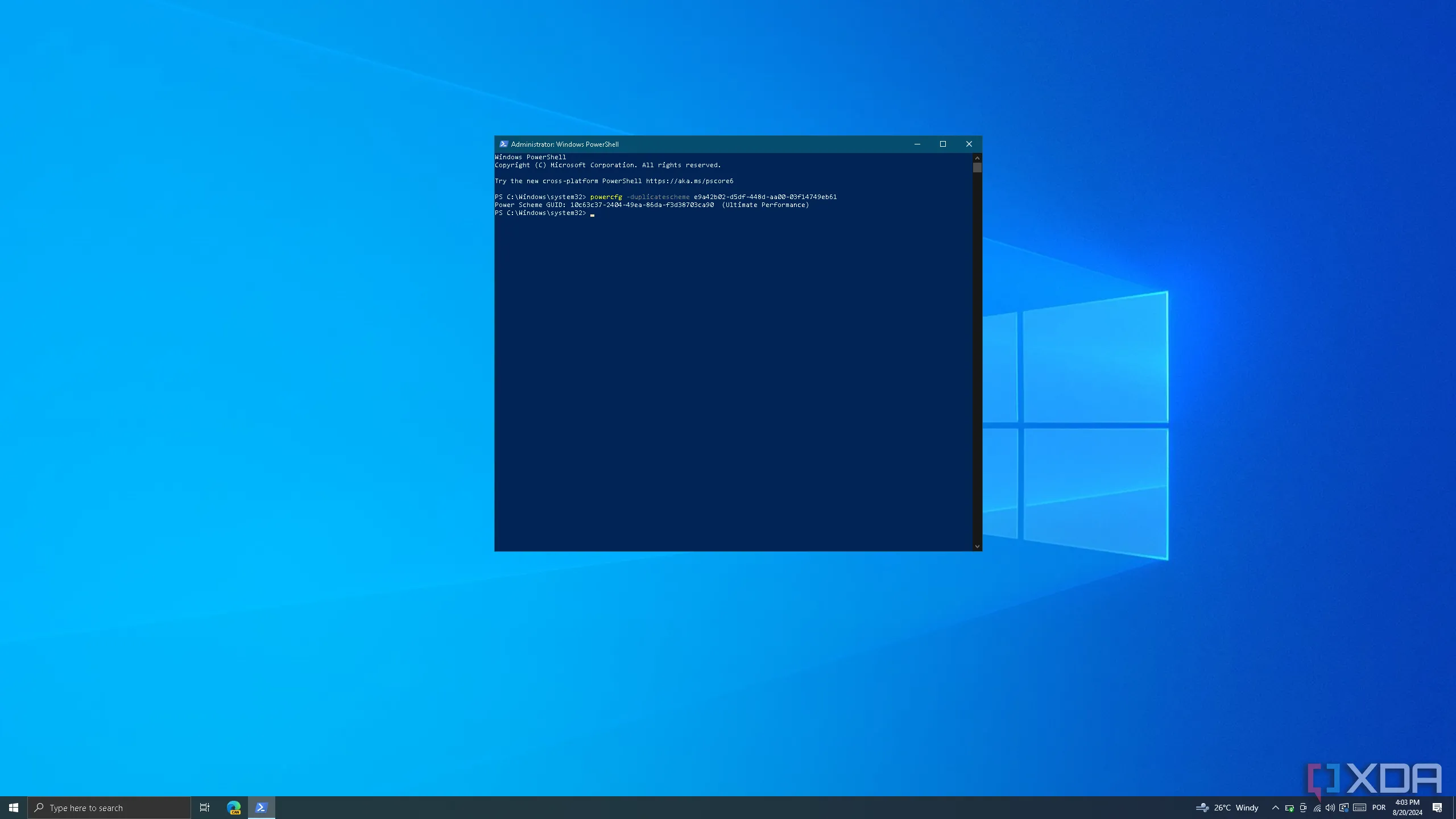 Màn hình giao diện PowerShell trên Windows 10 thực hiện lệnh bật chế độ hiệu suất tối ưu