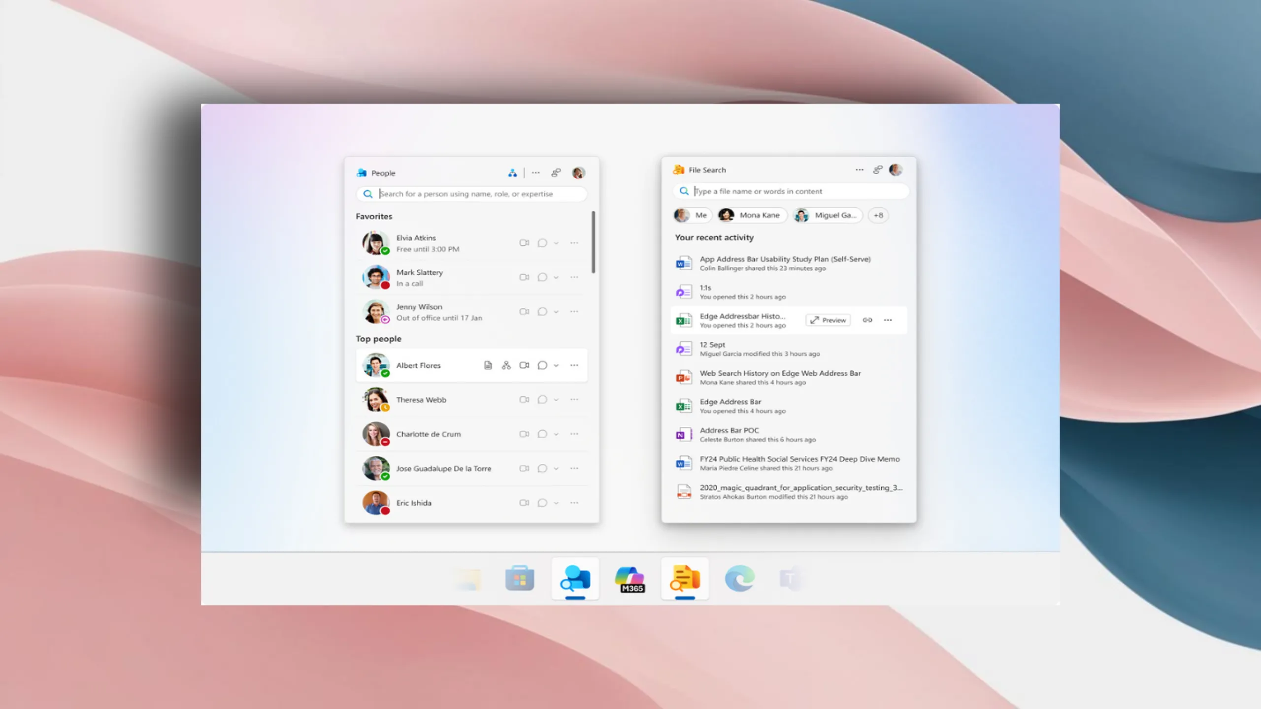Màn hình máy tính Windows 11 hiển thị giao diện các ứng dụng People và File Search của Microsoft 365