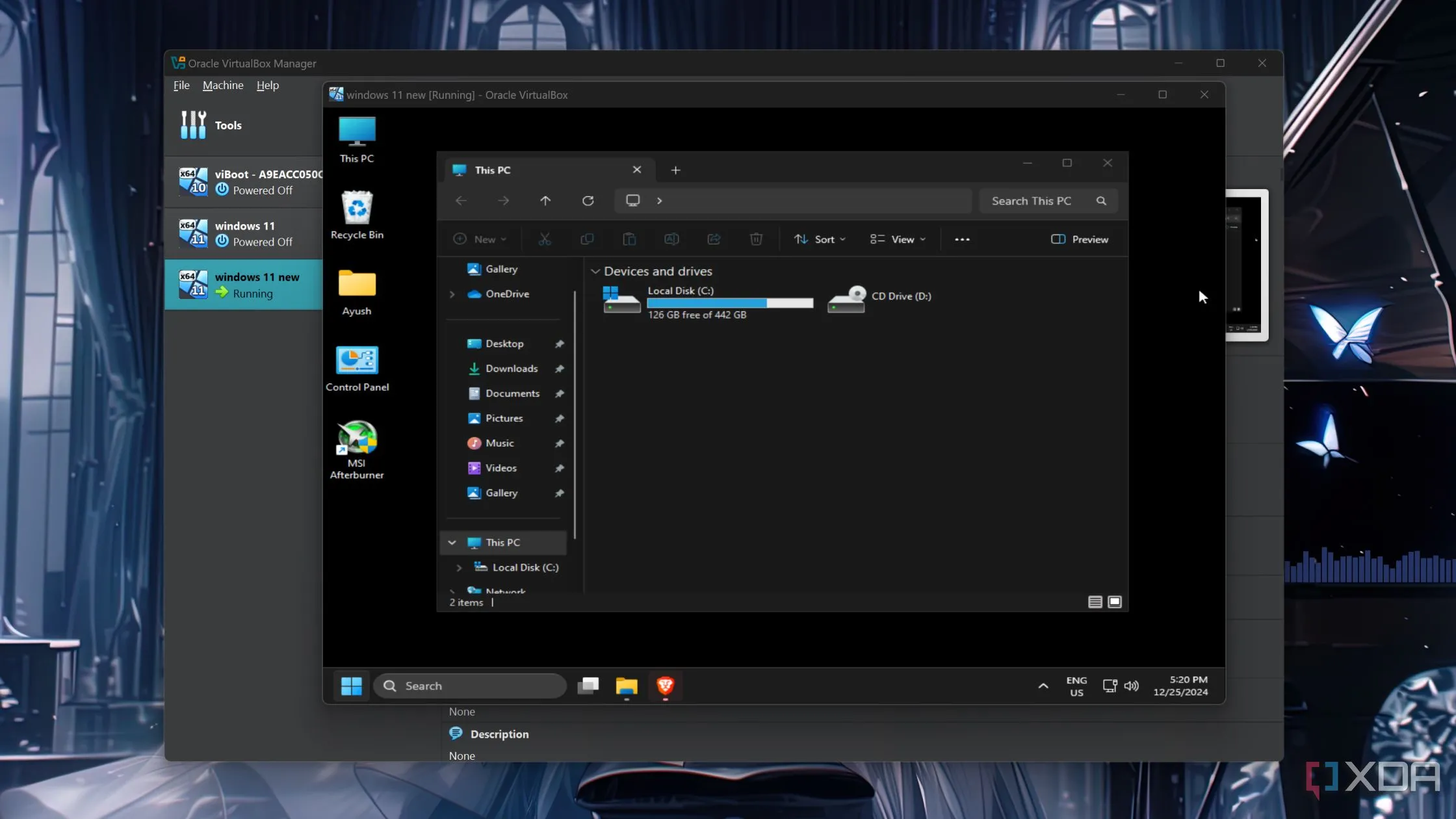 Màn hình Windows 11 đang chạy dưới dạng máy ảo bên trong VirtualBox, tái tạo môi trường PC thật.