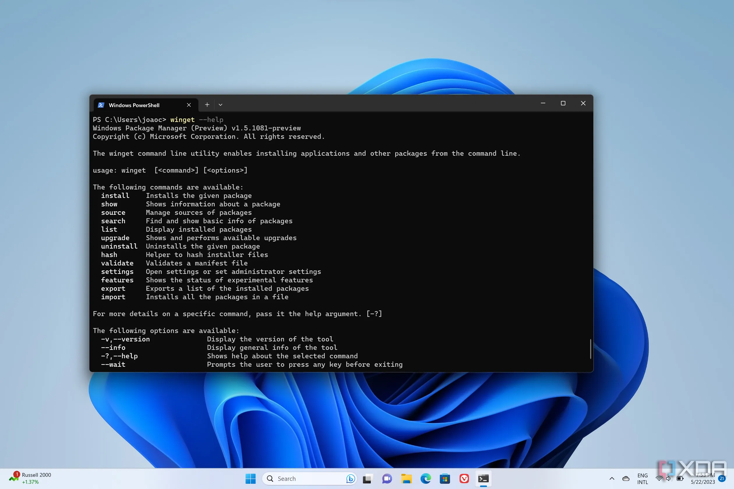 Màn hình Windows 11 hiển thị giao diện Terminal với các lệnh WinGet
