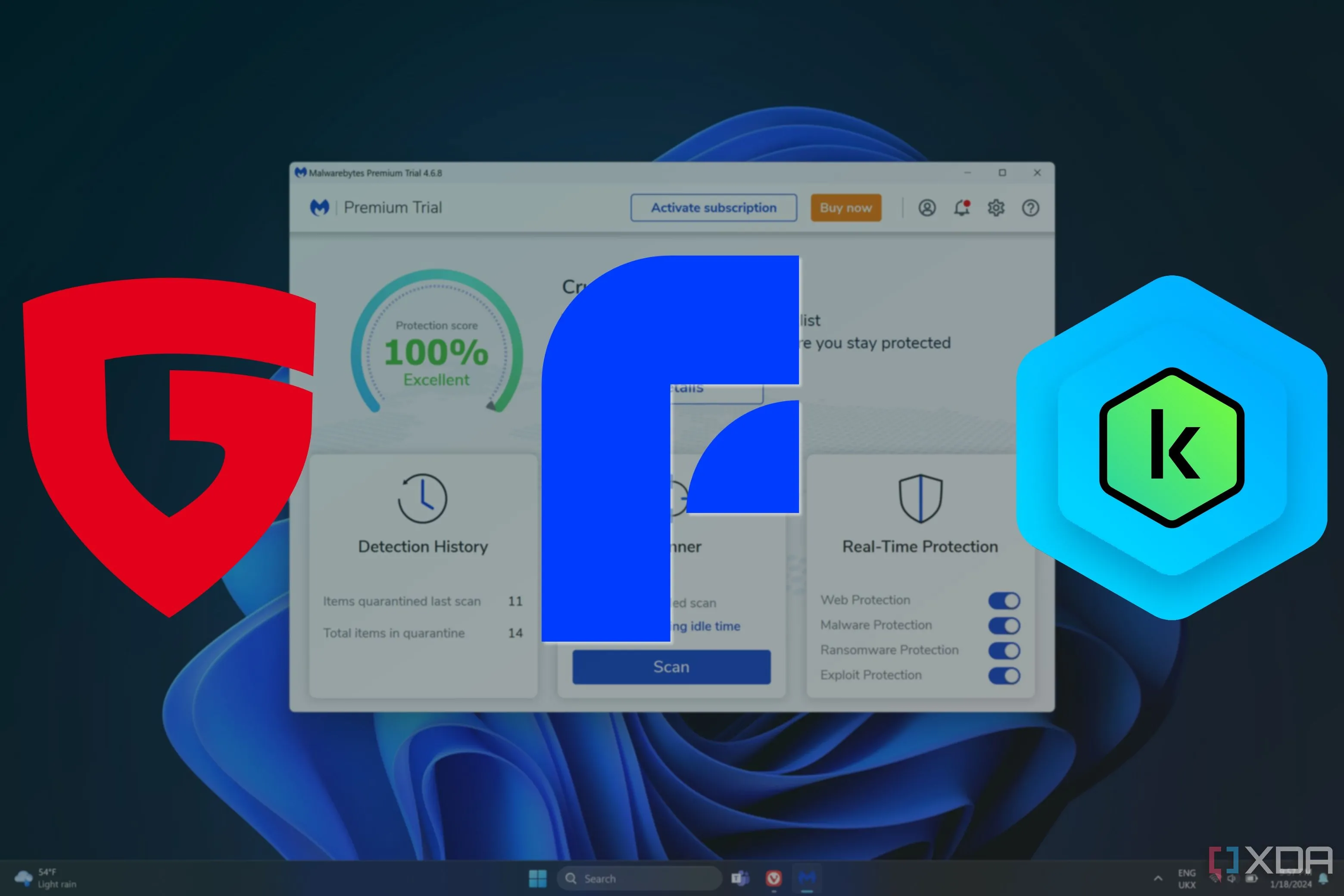 Màn hình Windows 11 với biểu tượng các phần mềm diệt virus hàng đầu như Malwarebytes, Bitdefender