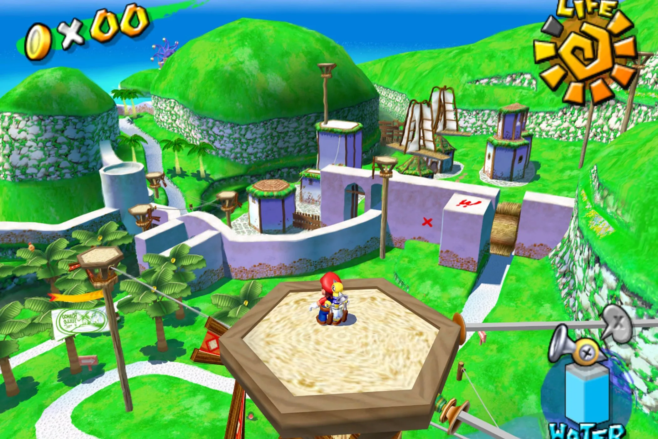 Mario đứng trên tháp ngắm toàn cảnh Đảo Delfino trong Super Mario Sunshine