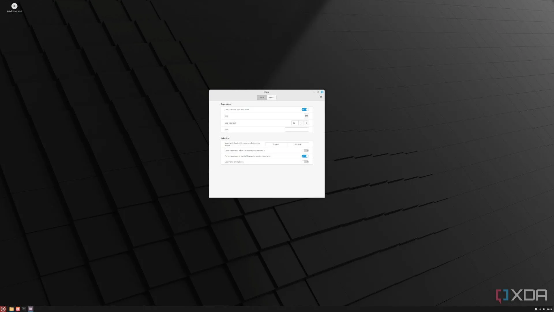 Menu Start của Linux Mint 22.1 với bảng điều khiển chỉnh sửa